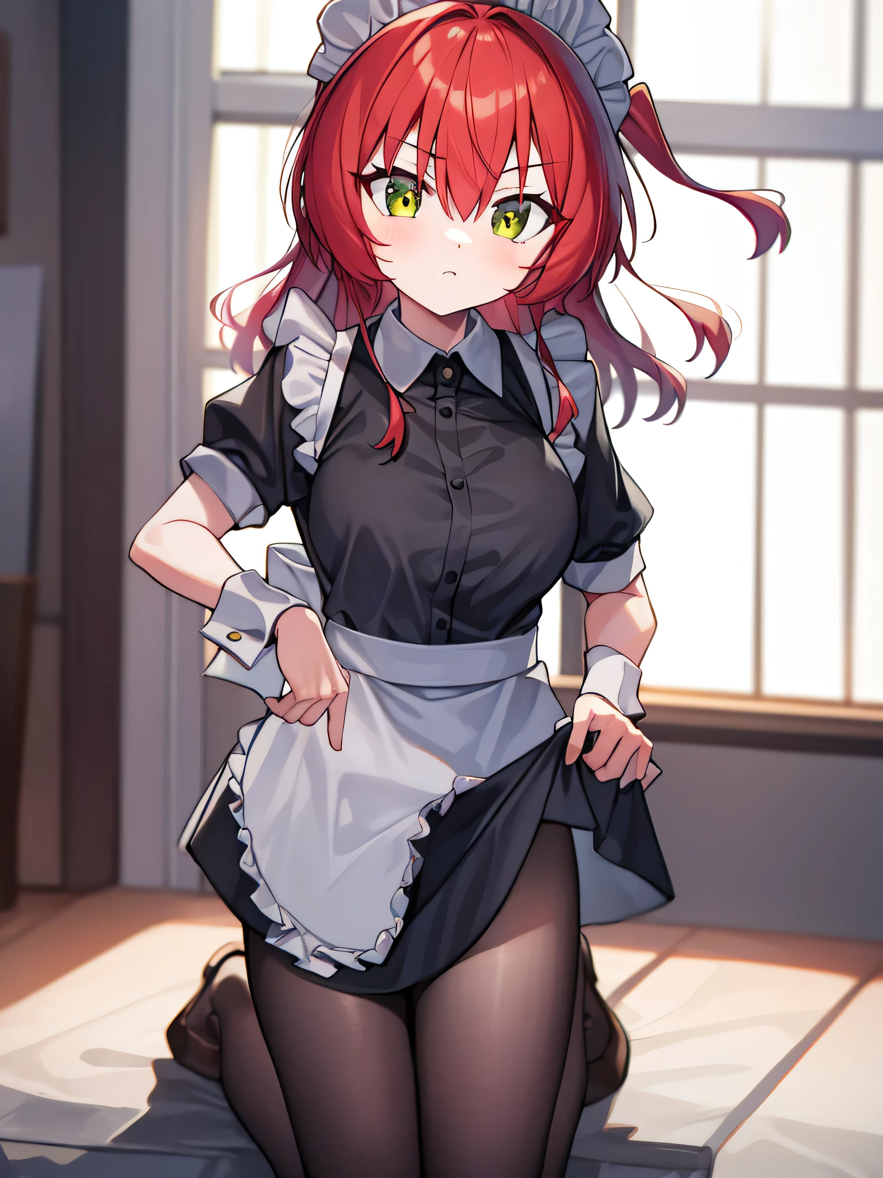 1 girl, , alone, Lift your legs, long_hair, A skirt, red_hair, maid_hat, Watching_Take a step back, Watching_Shown in_ Peeping at the audience , through bangs , black_ Lift your legs, Blushing, black_A skirt, alone, Short_sleeve, clothing_Raise , wrist_Cuff , Decorate style , A skirt_Raise , large _, Raise ed_Past_Self-expression, Translucent liquid from_Shown in the back, maid, furry_Short_sleeve, Side lock, furry_sleeve, crop_top, blunt_ through bangs , , _mgo outh, large 腿, black_ have eyes , chair, Kneeling, Frilly_A skirt, _go out, Shown in room, window,