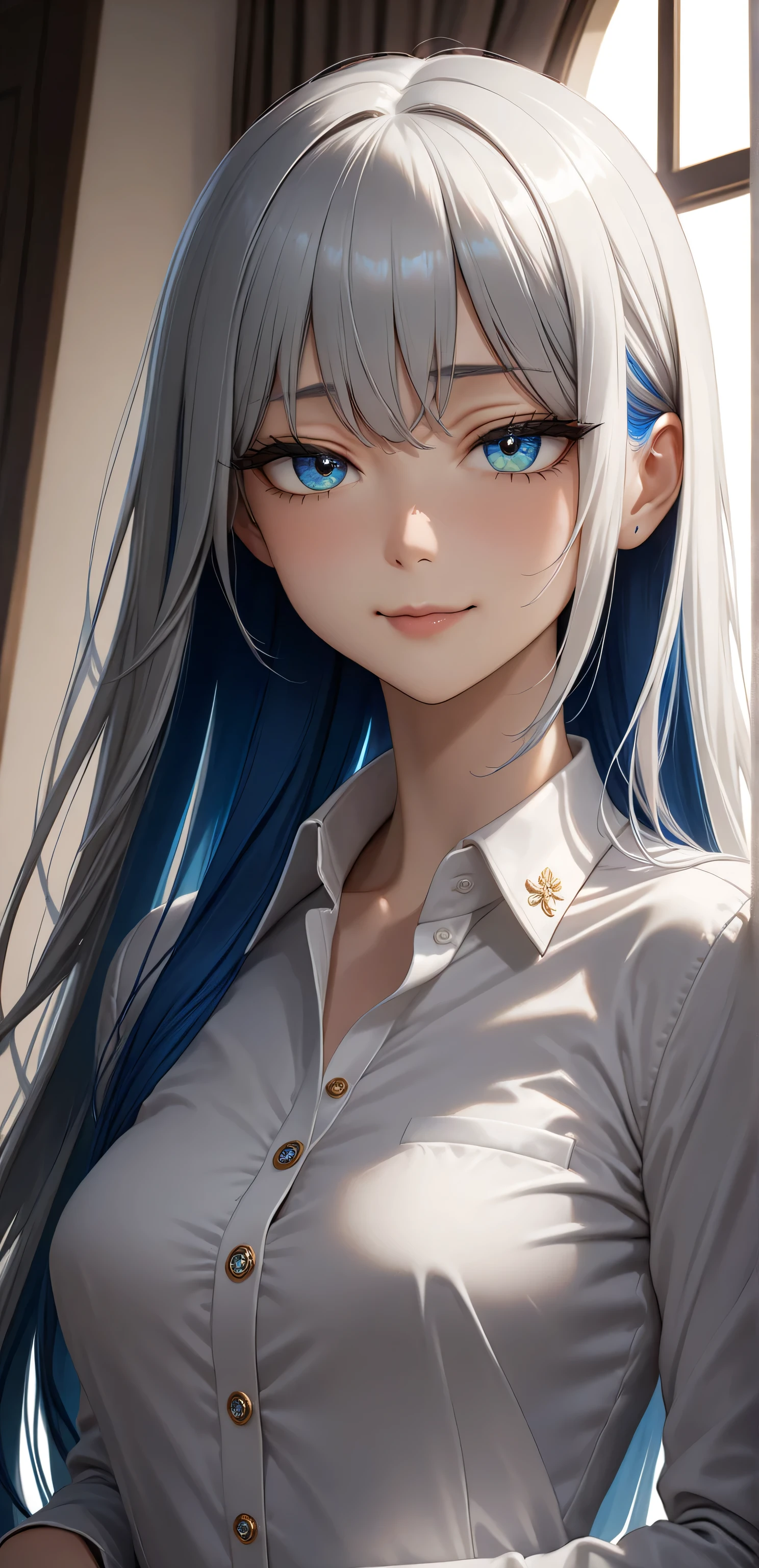 upper body, Random Sexy pose , ((Ultra detailing)), (very aesthetic, best quality, ultra detailed), intricate details, 1girl, ((long hair, silver hair, blue inner hair)), ((Multi colour eyes)), ((Detailed eyes)), ((Beautifull eyes)), ((prefect eyes)), ((Ultra detailing eyes)) ,medium breast, sharp jawline, long hair, shy, Licking her lips, cute smile ,(white collared shirt :1.3)), ((wedding room))