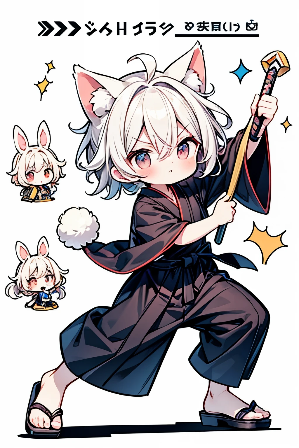 Message card style, chibi cute character concept for game. Simple text "Name:Amunica_por_ai, Race: Rabbit, ((Gender: Male:1.2)),((1-boy:1.)),Age: Middle-aged, Job: Samurai, Weapon: Long Katakana named Zantetsuken, Pose: Sonic heading towards the viewer, action pose with movement, long ears, Equipment: Black Samurai Hakama, Attack power: 60/100, Durability: 5/100, Magic: 0/100, Speed: 35/100,", Background: Simple infographics, parameter list, dynamic angle, Signature simple text "@Ossan_No8", --style raw --p --s 50