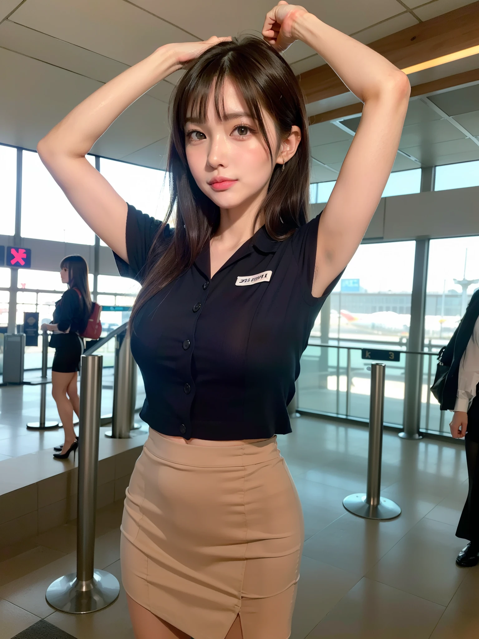 (8K, RAW Photos, of the highest quality, Masterpieces: 1.2)、((Dressed in flight attendant costume、full body Esbian)),1 person,  super detailed, Super Resolution, (Realistic, Real Photos: 1.37), Portraits, high resolution RAW color photos, Professional Photos, highly detailed and beautiful, Highly detailed, 8K Picture Wallpaper, Amazing details、Other shots、foco nítido: 1.2、Cute beautiful woman with perfect body: 1.4、Slim big: 1.2、((Give a skirt:1.5))、Panties are visible:1.5、((Brown hair dark、Longhaire, Colossal tits: 1.2)) 、(Dressing、High Definition Breast、happy facial expression、Standing：1.2）、（（airport.Women as the main focus））、High-definition face and skin texture、A detailed eye、二重まぶた、Highly detailed and focused chest