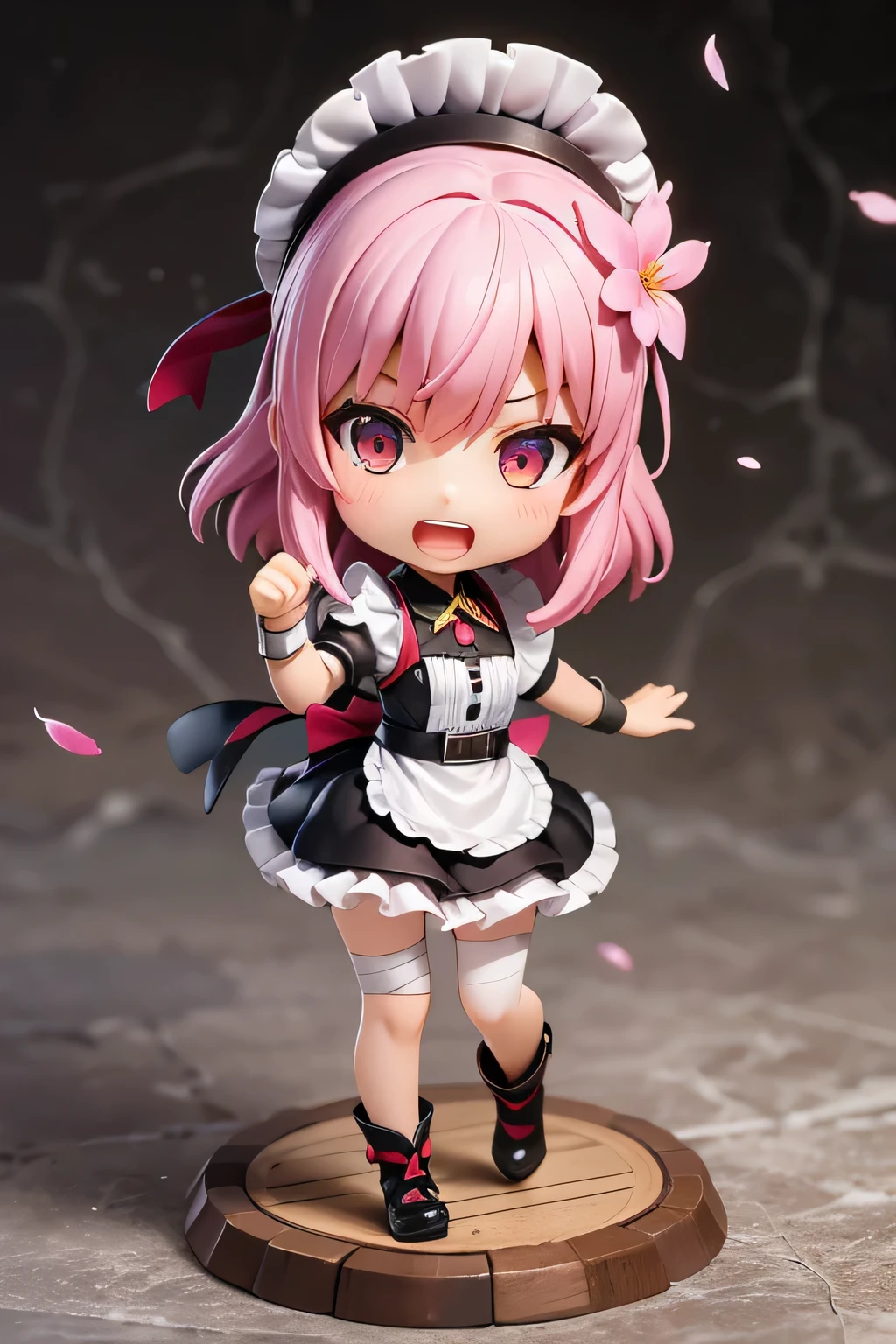 Maid girl without a cheerful headdress ( showing her teeth ), of foot, pink hair color, combat pose, mmorpg background , mmorpg background (A stranger), complete anatomy, graphic effects , ornament of an accessory shaped like a flower on the head, aura, white beret, height 159 cm ( 5 feet 3 inches ), hard fists , caste summoning circle ability Guillotine Fist((kanji)( ragnarok online ), Blue Fire Force +vapor, fire around, strong breeze , sakura petals and leaves, primera persona, blush, looking at the spectator, Charm, Pausa de toque ciego looking at the spectator, very detailed face, 8K, light and shadow effect. masterpiece, bandages, fullbody, Chibi, , (change:1.2), Nendoroide, PVC models