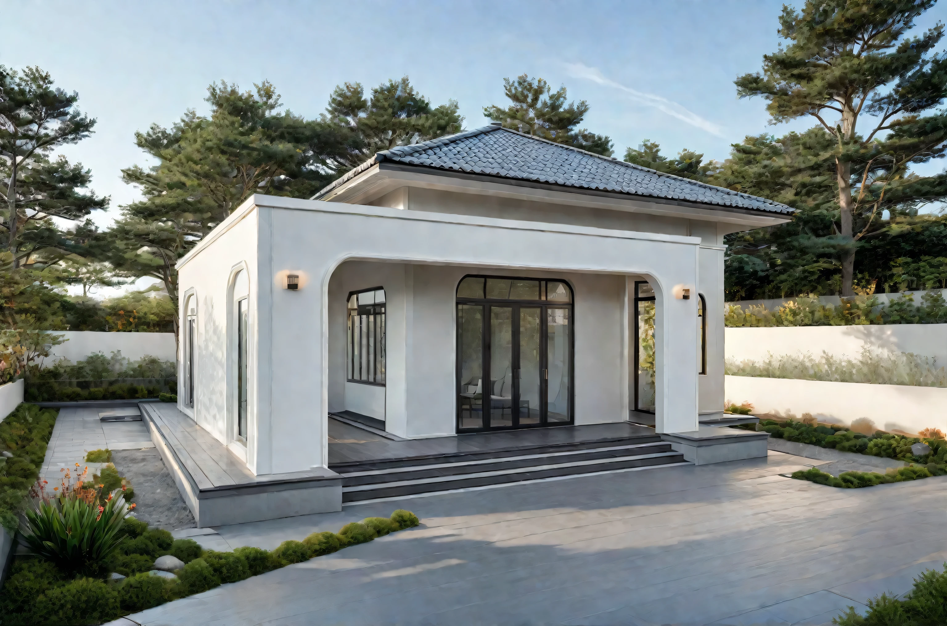 A single-story garden house with a modern Japanese-style gray tiled roof. The exterior walls are painted white, with high-quality Xinfa gray aluminum glass doors. The house is surrounded by a soft landscape with gentle greenery, wildflowers, and a few scattered grasses. The atmosphere is serene with a warm sunrise, soft mist, and a calm, emotional tone. The color palette is neutral, blending soft grays and whites. The interior is modern yet warm, featuring soft lighting, contemporary furniture, and sheer curtains that allow natural light to filter through. The scene is rendered in Chaos Corona for ultra-realistic quality, emphasizing texture and lighting details