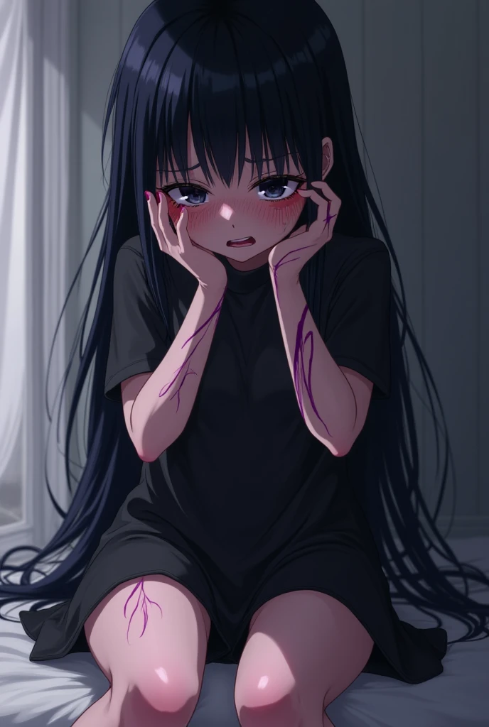 monochrome,masterpiece, illustration, best quality, best aathetic,a Girl put her knees on the ground,mouth wide open and screaming,6 ,from side,full body,black hair ,solo,despair,cry,whine,full body,white background,