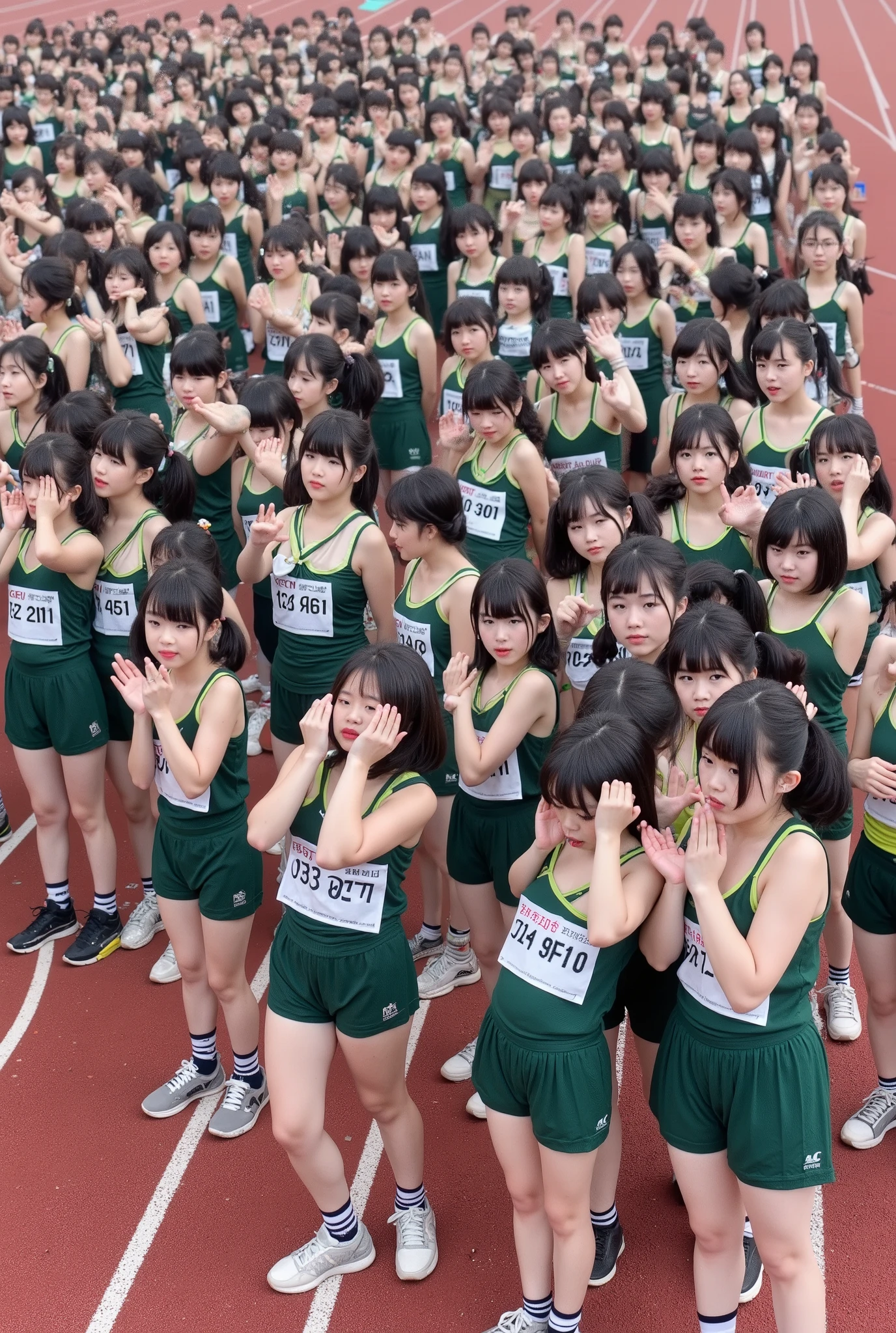 More than 100 very young Japanese women in their 20s are gathered on the track, waiting for the start of the marathon, all wearing green athletics sports bras and bloomers, looking at the viewers together, ((camel toes are visible)), big eyes with double eyelids, thick lips, black hair, black pupils, looking at the viewers, panoramic angle from a high position,