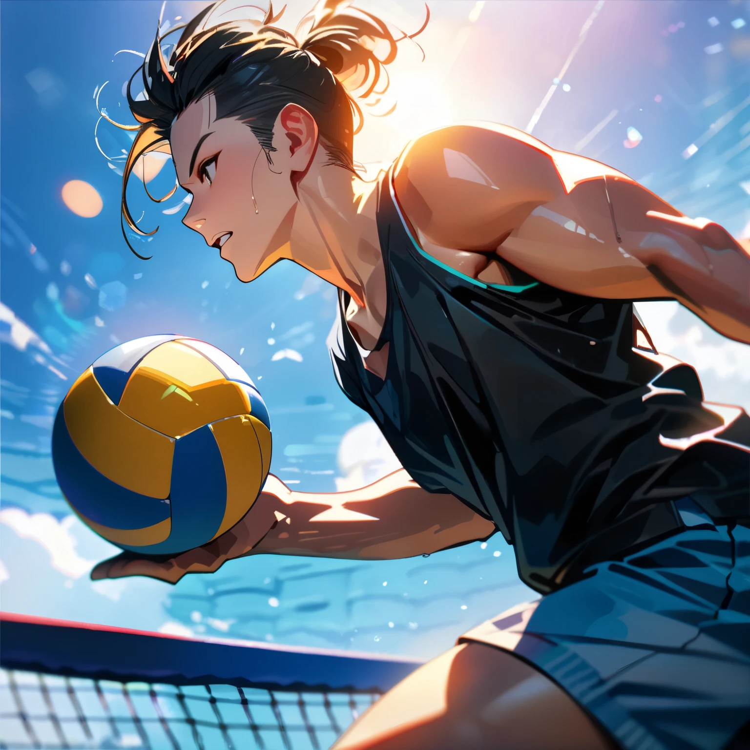 A man playing beach volleyball on a sunny beach, spiking the ball in a tank top and shorts, detailed face and body, intricate volleyball court, clear blue sky background, dynamic action pose, masterpiece, high quality, complex details, stunning colors, warm lighting, golden hour, (highest quality, 4K, 8K, high resolution, masterpiece:1.2), ultra high resolution, high resolution, ultra high resolution, studio lighting, ultra premium painting, sharp focus, physics-based rendering, detailed depiction, professional, vibrant colors, bokeh, side view,