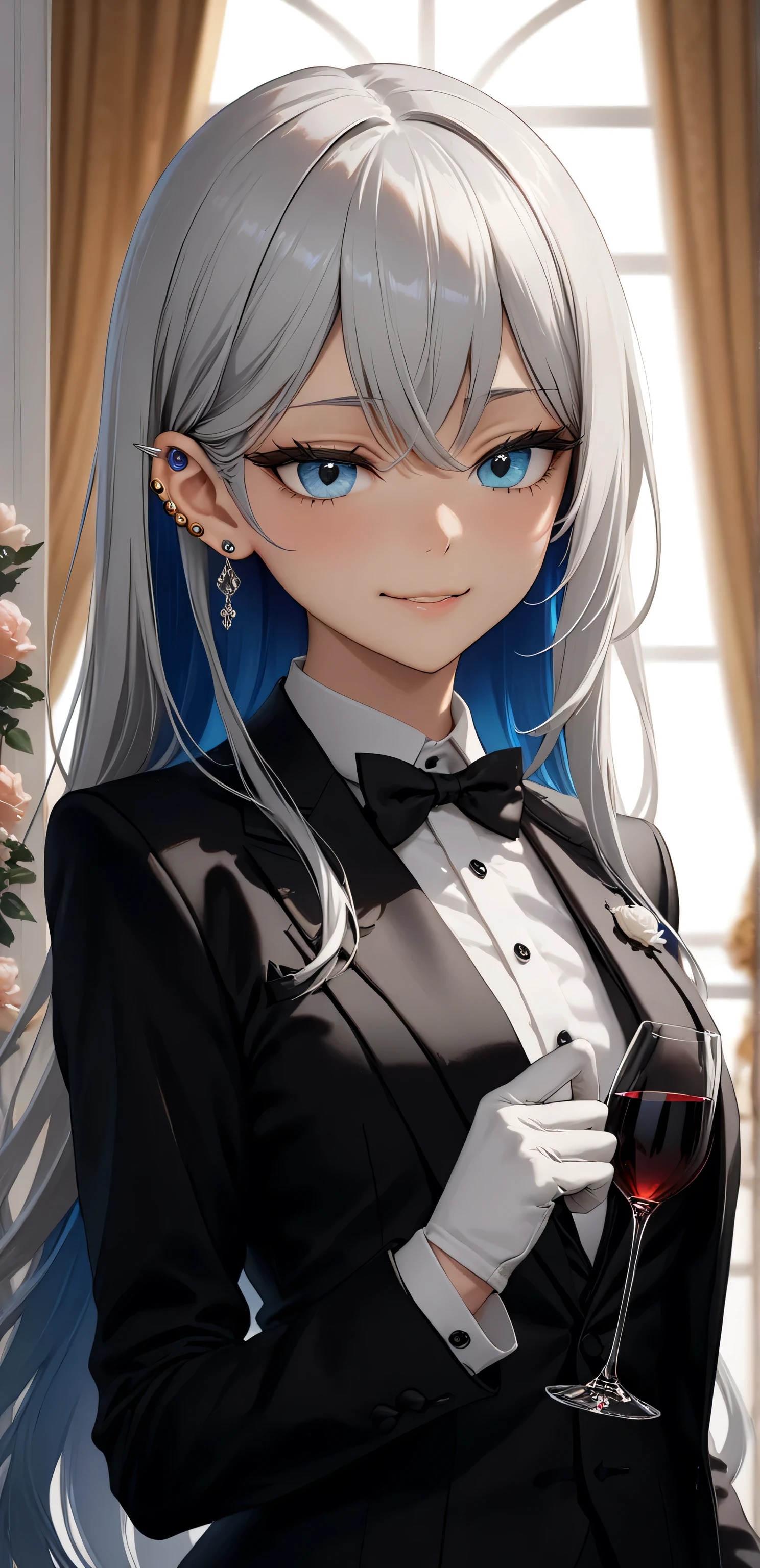 upper body, Random Sexy pose , ((Ultra detailing)), (very aesthetic, best quality, ultra detailed), intricate details, 1girl, ((long hair, silver hair, blue inner hair)), ((Multi colour eyes)), ((Detailed eyes)), ((Beautifull eyes)), ((prefect eyes)), ((Ultra detailing eyes)) ,medium breast, sharp jawline, long hair, shy, Licking her lips, cute smile ,((Tuxedo, white glovers, rosario ear ring )), ((wedding room)), holding wine glass
