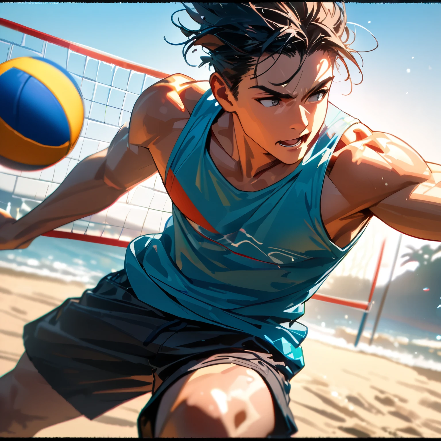 A man playing beach volleyball on a sunny beach, spiking the ball in a tank top and shorts, detailed face and body, intricate volleyball court, clear blue sky background, dynamic action pose, masterpiece, high quality, complex details, stunning colors, warm lighting, golden hour, (highest quality, 4K, 8K, high resolution, masterpiece:1.2), ultra high resolution, high resolution, ultra high resolution, studio lighting, ultra premium painting, sharp focus, physics-based rendering, detailed depiction, professional, vibrant colors, bokeh, side view,