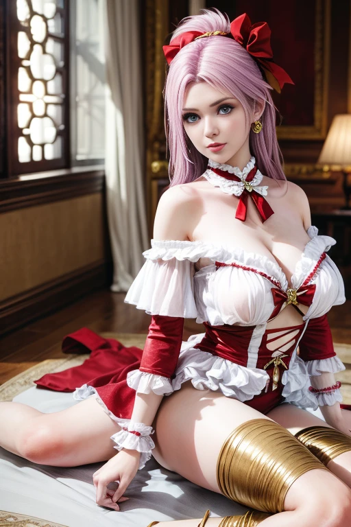 bird's eyes view,1 girl,Vampires, Elise,(Wear red and blue color style; floral lace layered skirt),jewely,Tattooed with,Redlip,(Glossy glossy skin:1.4),鎖骨,gigantic cleavage breasts,during night, full_themoon, As estrelas,(tmasterpiece:1.5), (Best quality at best:1.35),(Realistis:1.4), detailed,8K,computer graphics image processing,detailed头发,,Expressive eyes, s the perfect face, real fingers,depth of fields,Similar colors,a warm color palette,softlighting,low-contrast,hard shadows,full body,