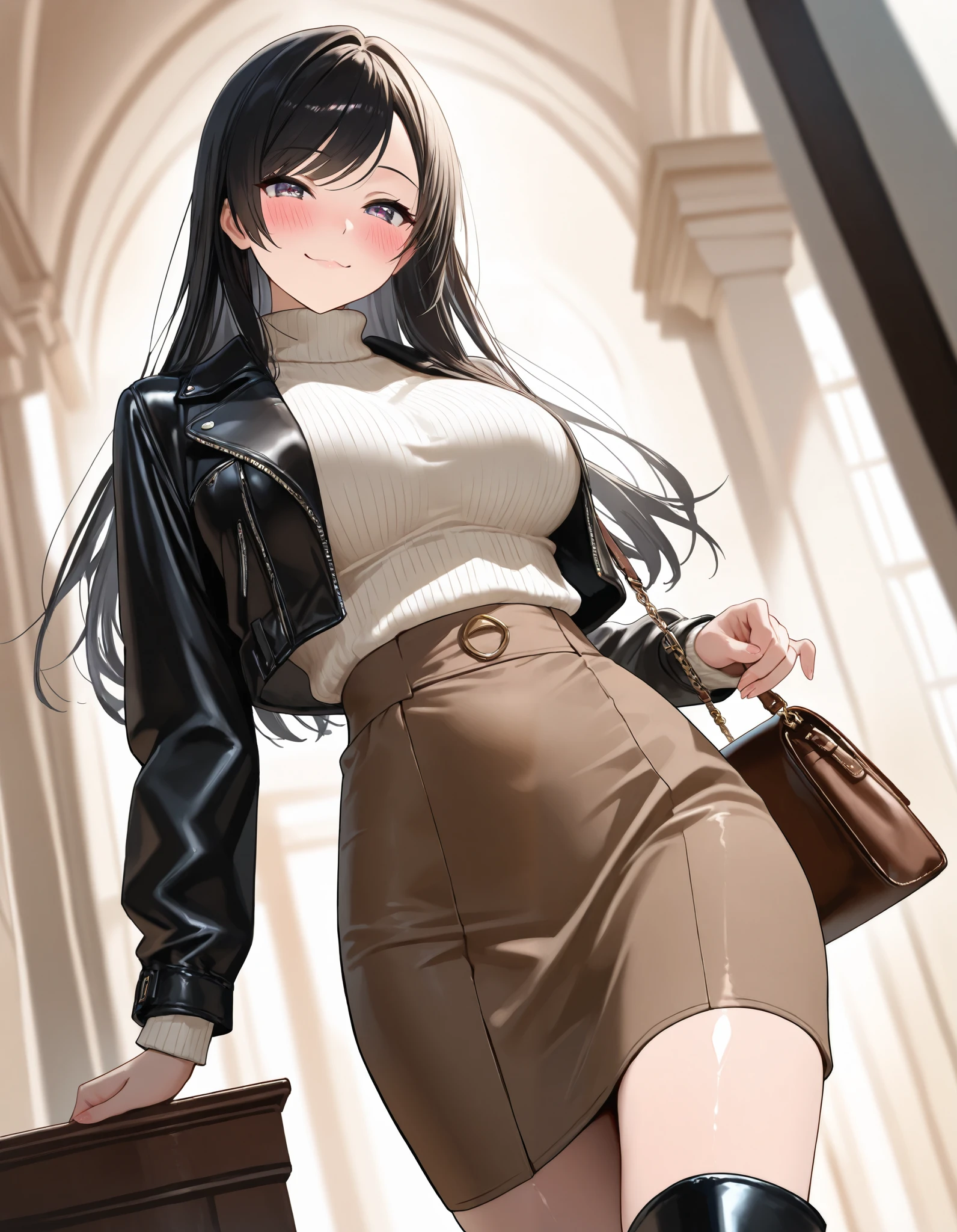 Only one female, (From below) (going down stage), Stylish clothing (Leather Tight Skirt), (Mature Woman:0.6), /(Black Hair/) bangs, A kind smile, (Masterpiece Top quality:1.2) Delicate illustrations, super detailed, Large Breasts, Breaking with a designer bag (Subway Station) indoor, stage, Detailed Background