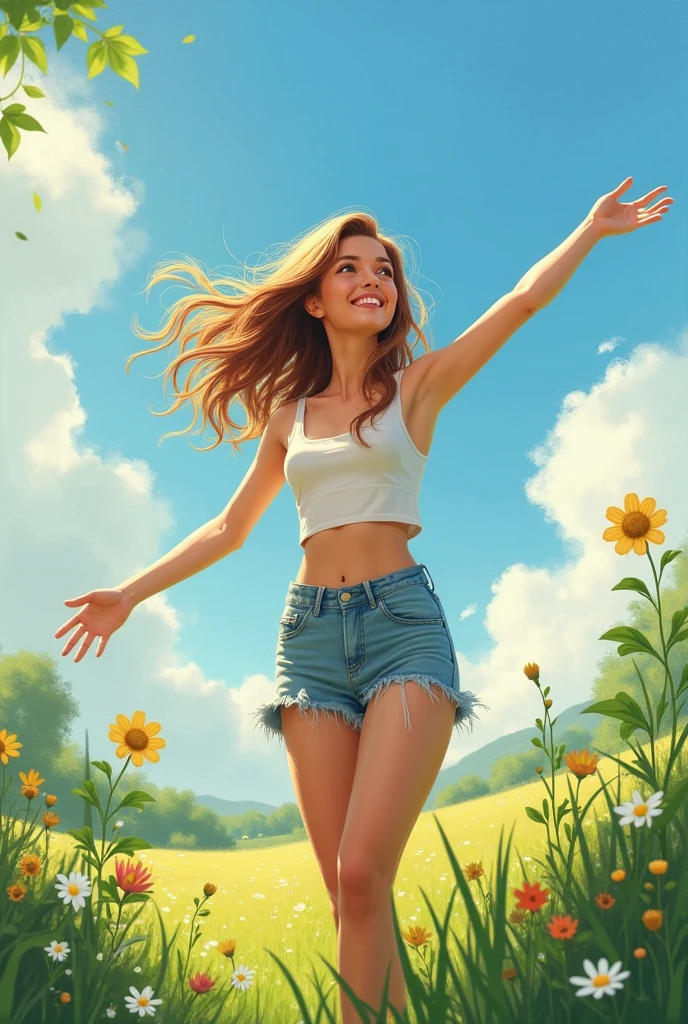 (Best Quality, 8k, 32k, Masterpiece, UHD: 1.2, Ray Tracing: 1.2, Real: 1.2), 1girl, (Side: 1.5), Yellow Short Sleeves, Denim Shorts, Sneakers, (Prairie, Long Range, Running in Prairie: 1.5), Prairie Landscape, Happy, Blue Sky, White Clouds, Meadow, Little Flower,