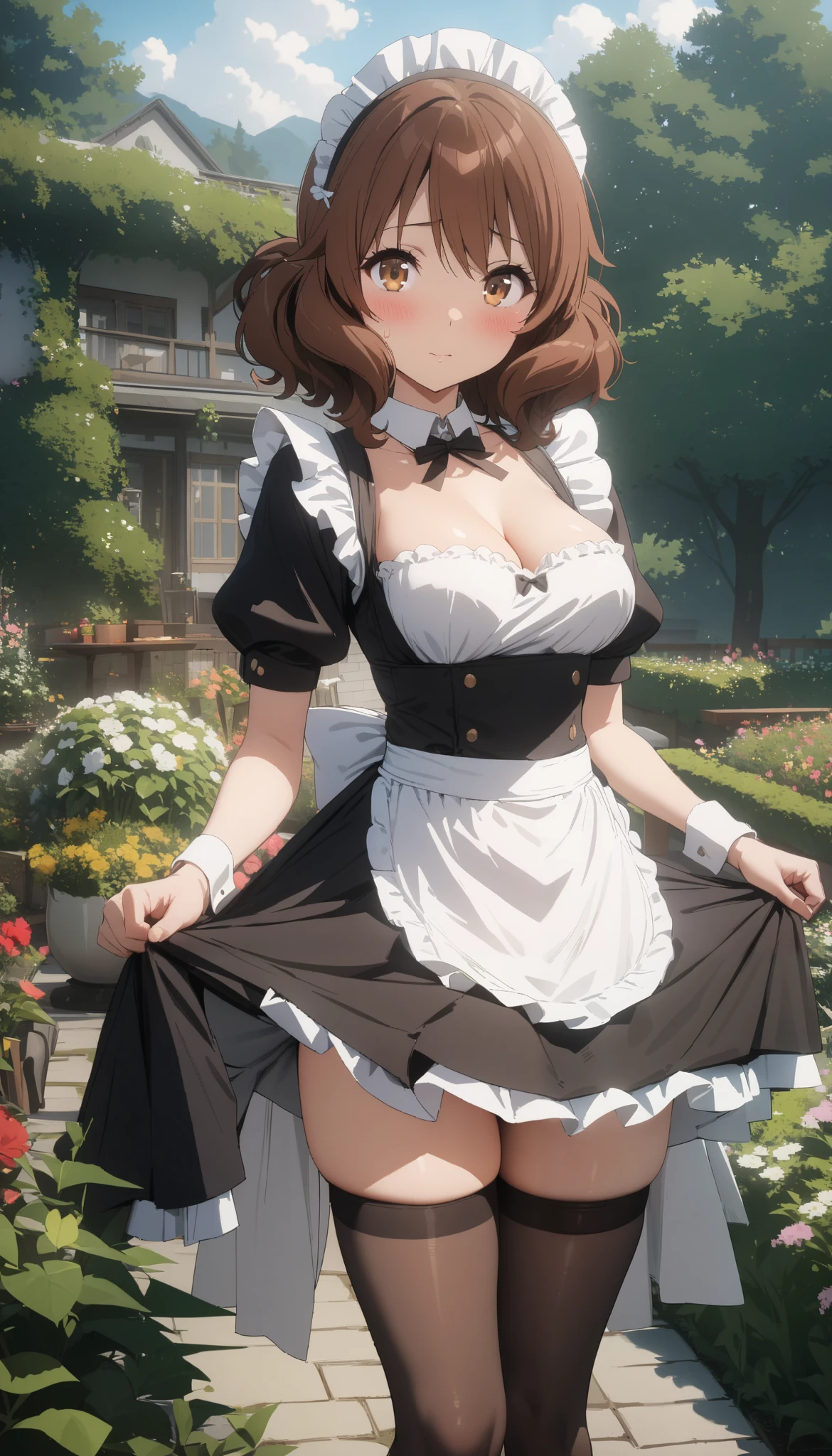 masterpiece, best quality, ultra detailed, highres,4k, 1girl, solo, oumaekumiko, brown hair, brown eyes, blush, collar, maid, maid apron, thigh highs, cleavage, garden, standing