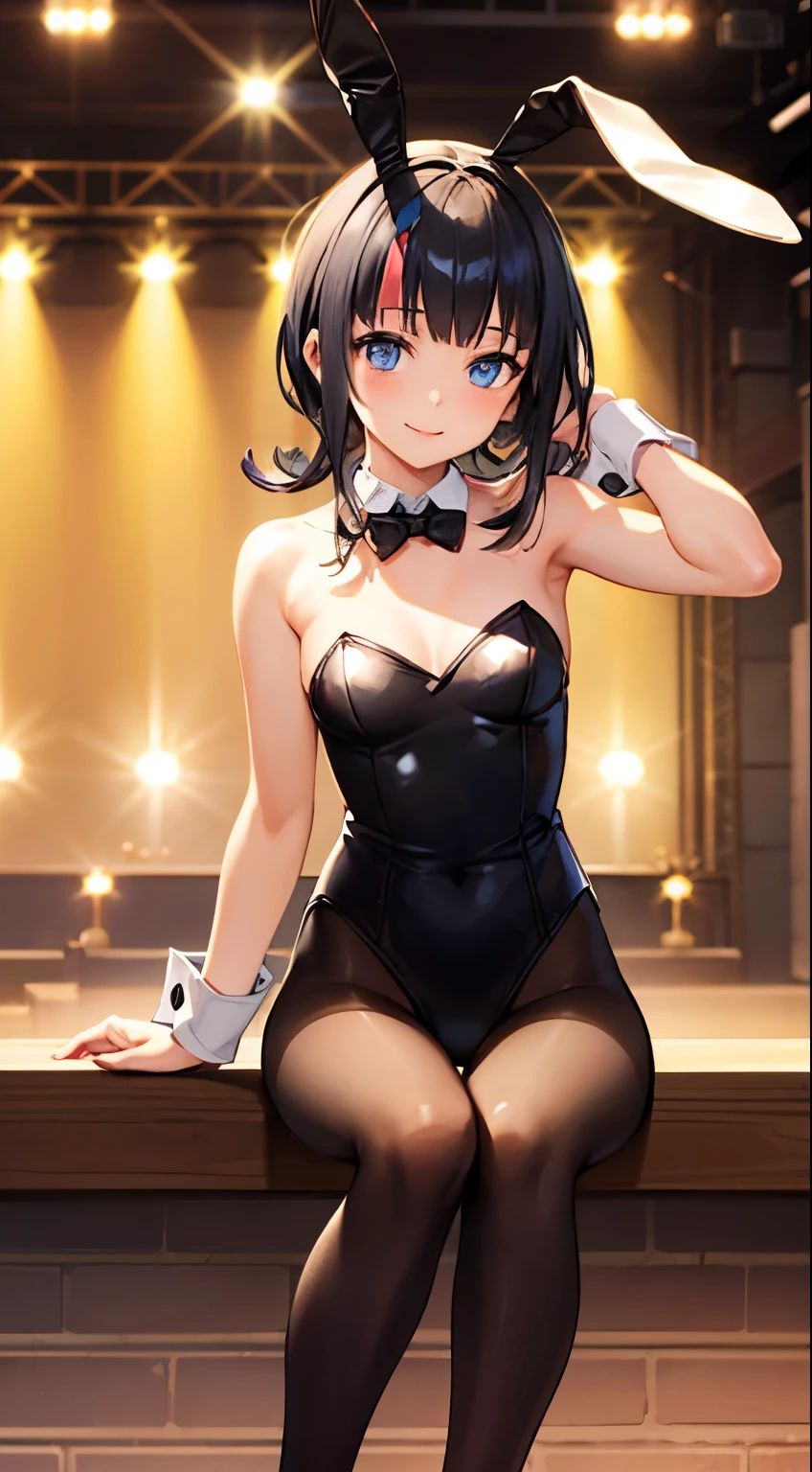 1 anime girl, alone, anatomically correct, black short hair, beautiful blue eyes, small , small waist, wide hips, juicy tHighs, Juicy buttocks,break, bunny girl, bunny ears, Rabbit tail, (frilly leotard: 1.3), wrist_cuffs, bow tie, fishnet stockings, High_heels, break, (five fingers, 4 fingers and 1 thumb), (bare arms, bare shoulders), professional lighting, best quality, masterpiece, very detailed, Capturing super sexy moments , showing ass, showing ass, depth of field, ultra High resolution, fine details, 16k wallpaper
