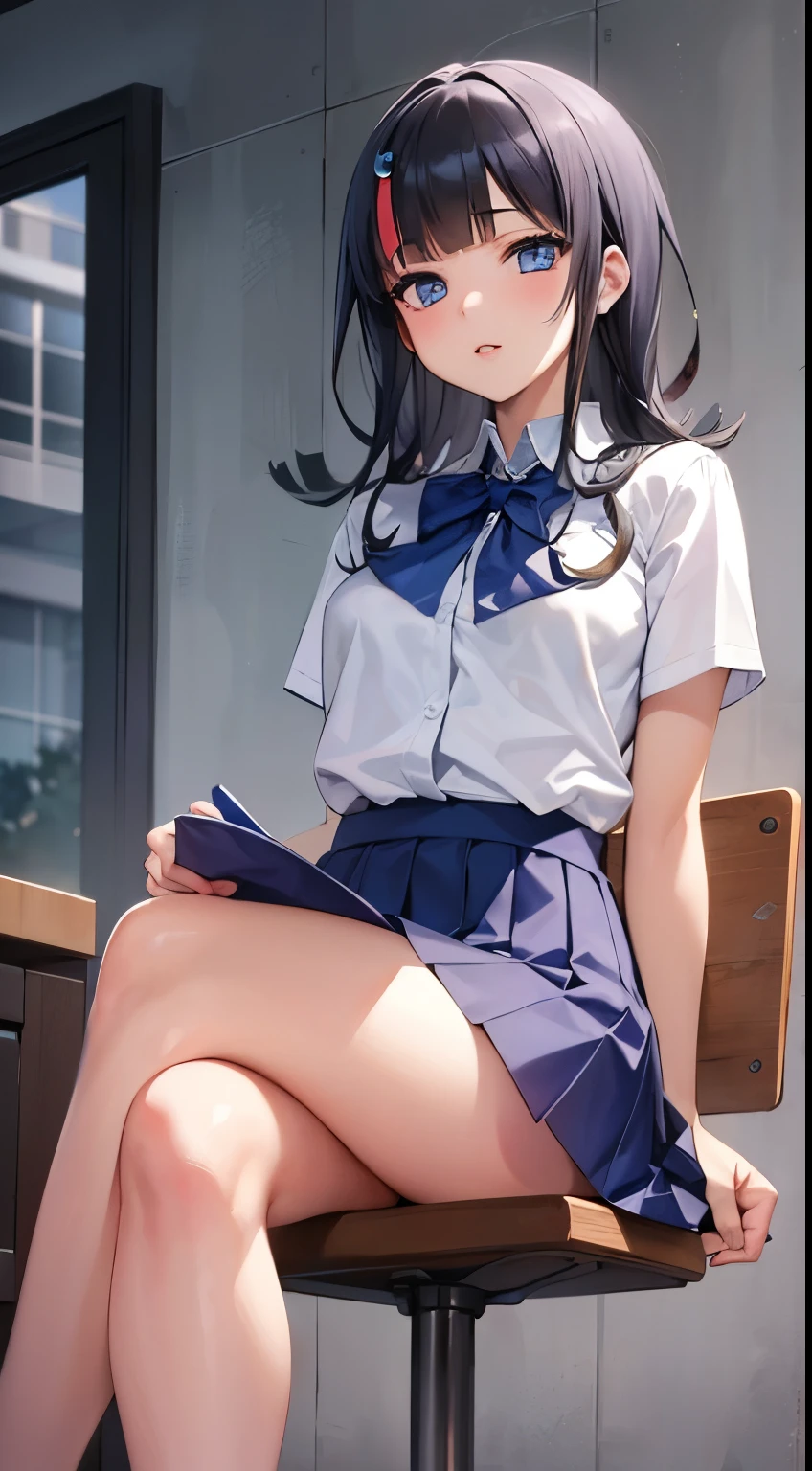 masterpiece, great quality, ultra detail, 1girl, solo, crossing legs, FGOErice, (school uniform), glossy lips, parted lips