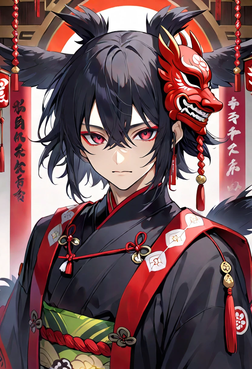 shinto priest wearing a otafuku mask, throwing ghosts with both hands, His suit is blue with classical detailed black green and red lines, red belt, red hat and gold ribbons on the closures, red luminous eyes, background macabre of tombs,