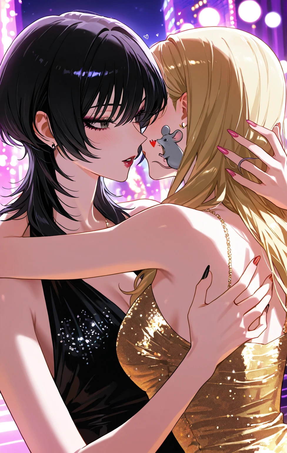 (intense atmospheric lighting, 80s inspired art style), dystopian, bar, (2 girls), girlfriends, (black hair, one-side bang:1.2, medium length), blue eyes, (blonde hair, ecchi, yuri), dark tone. kissing