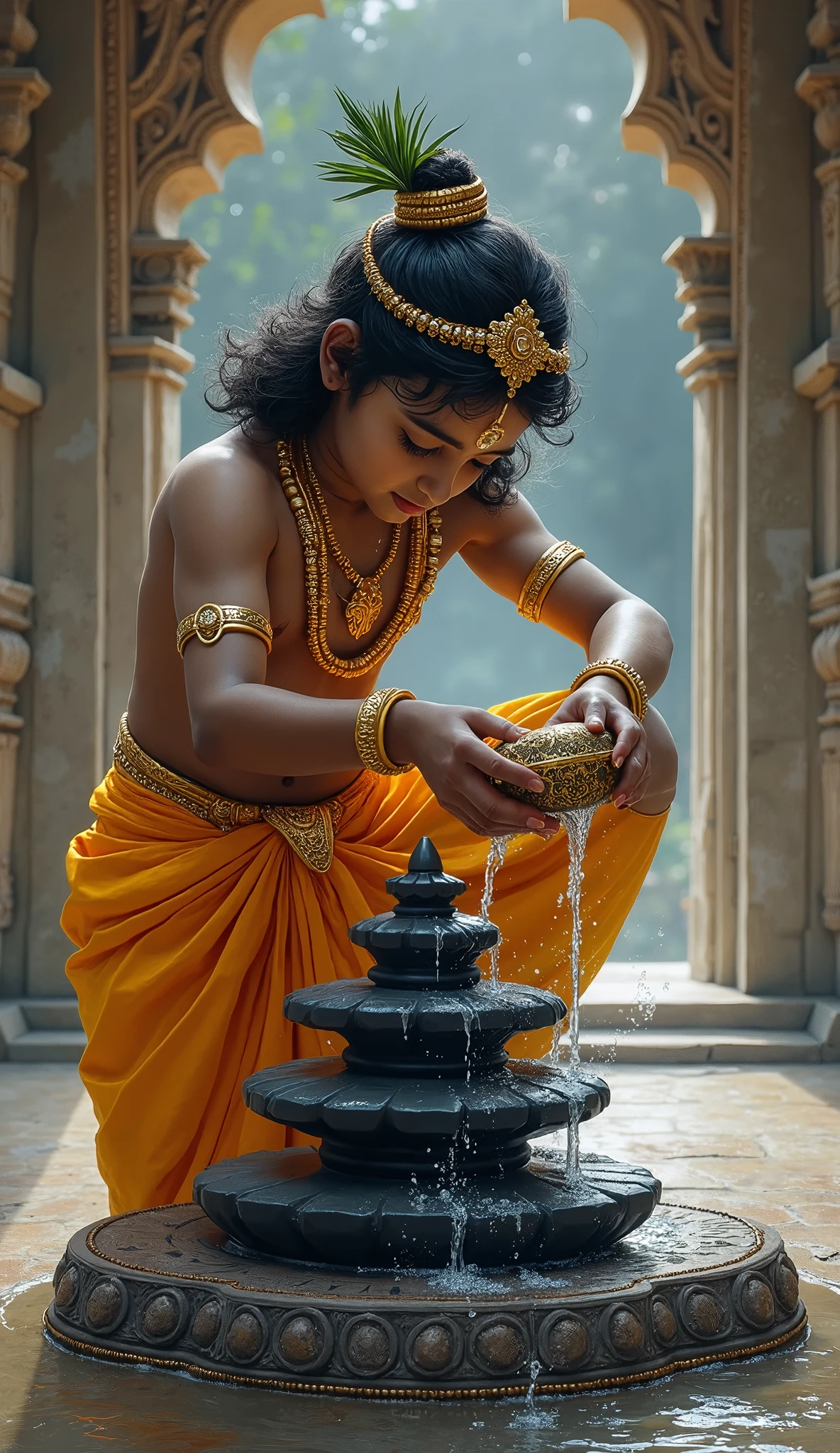 A young child with short hair, dressed in a traditional orange cloth, is pouring water from a metal pot onto a Shiva Lingam, which is surrounded by a coiled black snake and various smooth stones. A golden trident stands nearby, illuminated by soft lighting that creates a serene atmosphere. The scene conveys a sense of reverence and devotion.