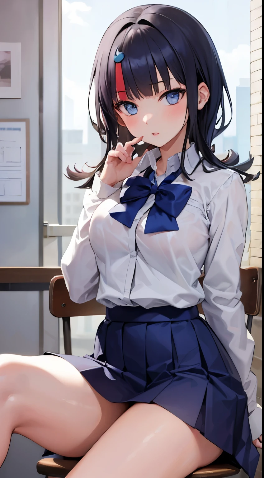 masterpiece, great quality, ultra detail, 1girl, solo, crossing legs, FGOErice, (school uniform), glossy lips, parted lips