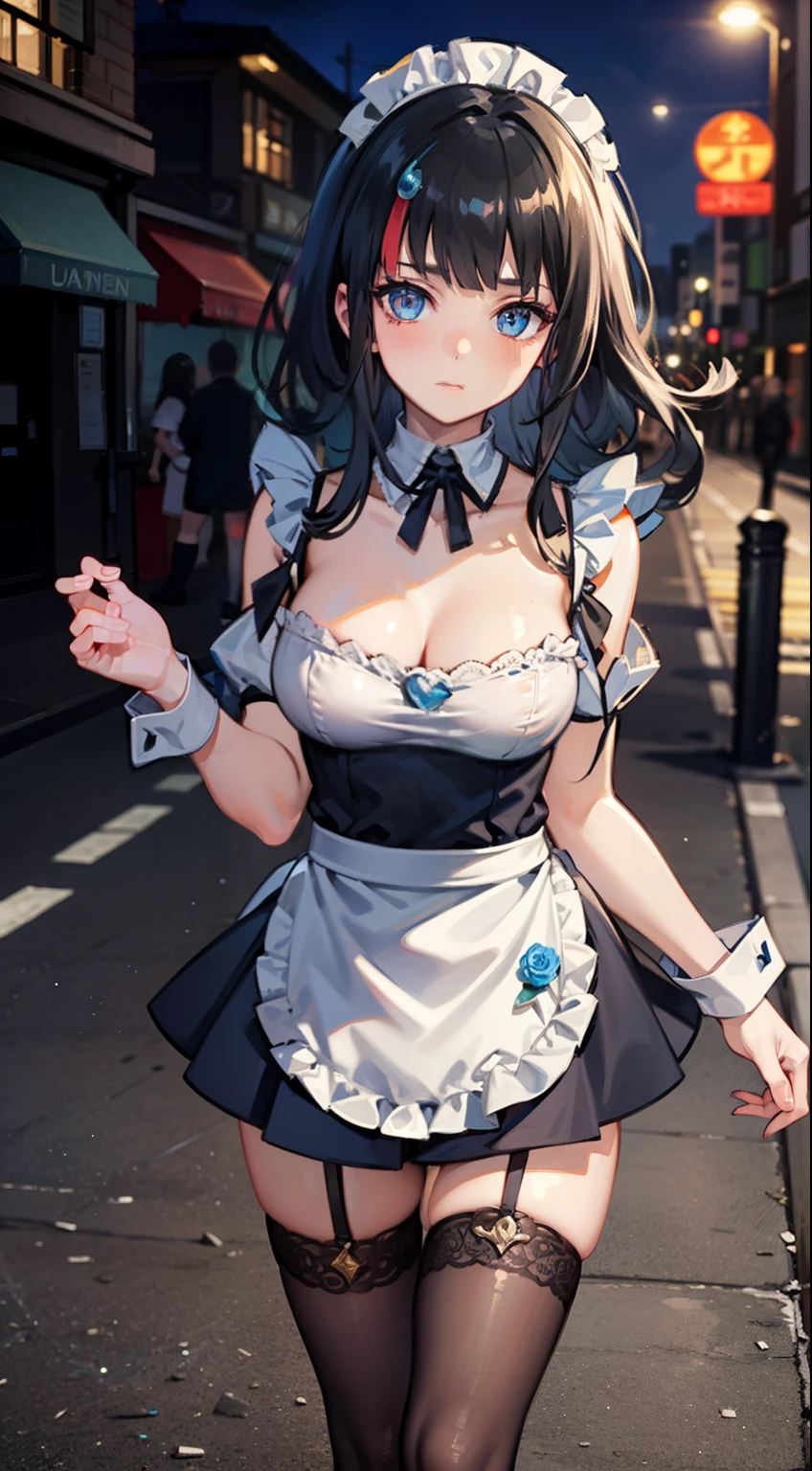 masterpiece, best quality, highres, 1girl, solo, bangs, light makeup, glossy lips, highly detailed, illustration, FGOErice, (maid), standing, pouting, city street, thigh highs, cleavage, looking at viewer