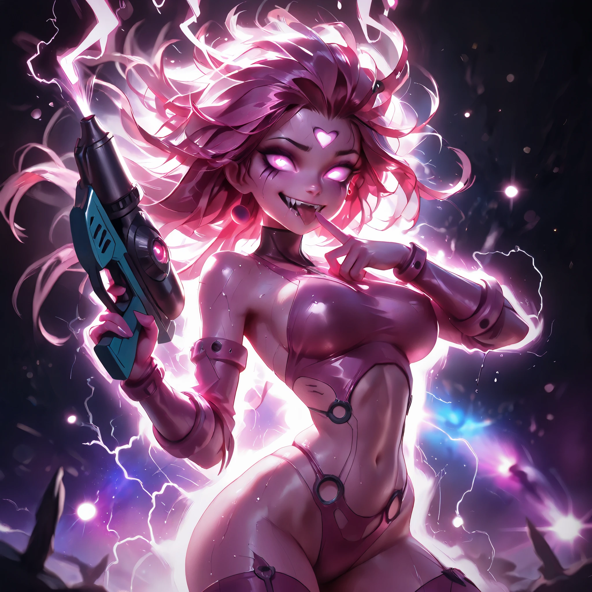 (ultra detailed), (masterpiece), (best quality), (depth of field), (sharp focus), (cinematic lighting), (vibrant pink), 1, crazy smile, fangs, tongue out, deep eyes, alien style, pink alien makeup, neon pink tattoos, pink metallic piercings, psychotic, psycho, A dark lighted alien anime woman, sexy alien clothings, pink clothing, revealing clothings, transparent clothing, alien antennas, antennas on forehead, light pink skin, alien girl, (pink space clothing), sexy body, big breasts, sweaty body, alien queen, alien princess, sexy alien girl, with bright pink eyes, deep set eyes, neon pink hair and lots of pink energy, psycho smile, ((pink thunderbolts are in the background)), sharp teeth, sexy pose, (holding retro pink space gun), finger on mouth, (((pink gradient space background: 1.4))), (pink stars in the background), (side sexy pose),energy, energetic, Phonk, Brazilian Phonk, Simple Design, Simplified --s 100 --niji 5 --ar 1:1 ,phnk, 1girl, dark background, silhouette, glowing eyes, aura, phnk, 1girl, black background, silhouette, floating hair, glowing eyes, looking at viewer,{{crazy smile, sadistic smile, closed teeth}}, {{glowing eyes, glowing particles, glow}}, ,hauntedglow, glowing eyes,traditional media, realistic,