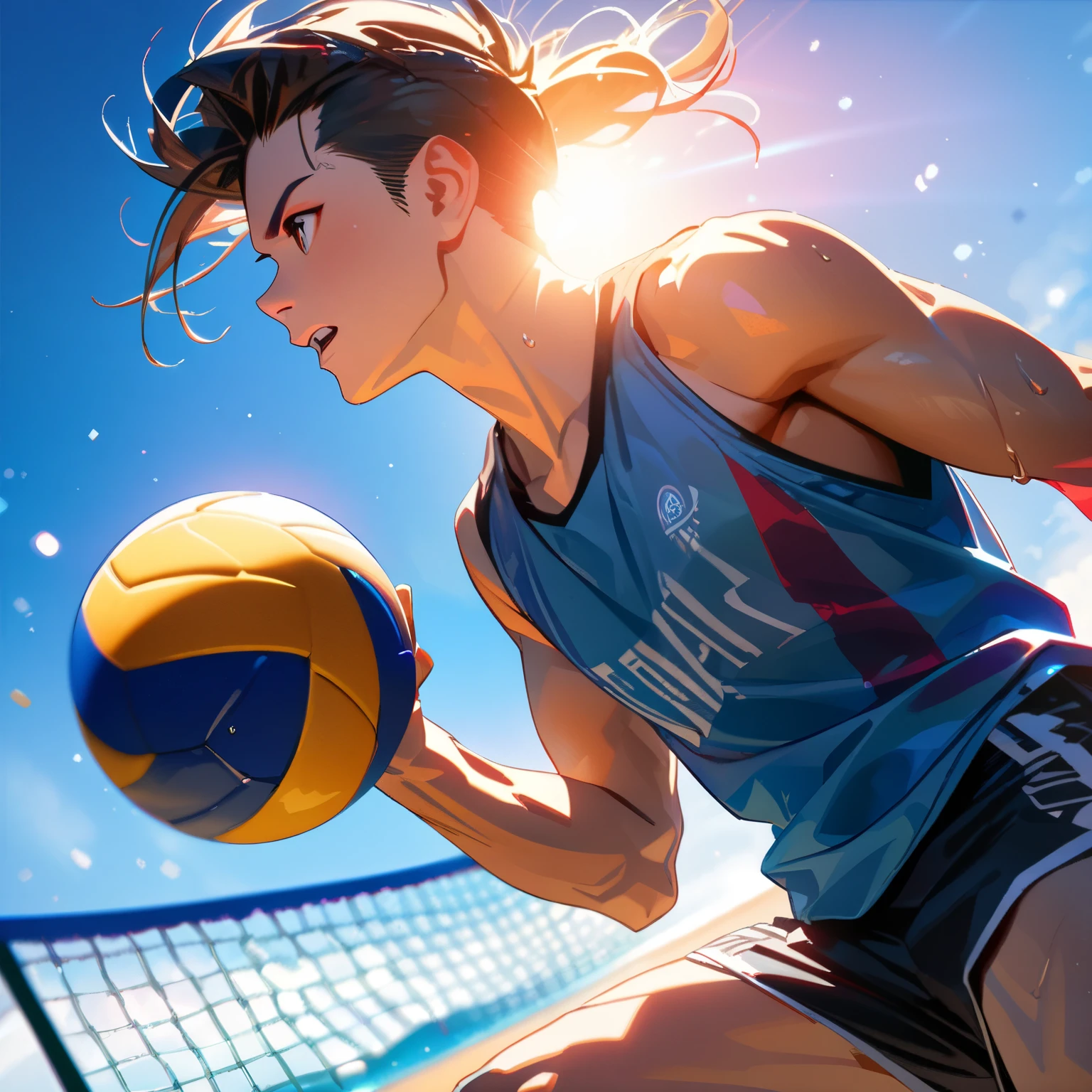 A man playing beach volleyball on a sunny beach, spiking the ball in a tank top and shorts, detailed face and body, intricate volleyball court, clear blue sky background, dynamic action pose, masterpiece, high quality, complex details, stunning colors, warm lighting, golden hour, (highest quality, 4K, 8K, high resolution, masterpiece:1.2), ultra high resolution, high resolution, ultra high resolution, studio lighting, ultra premium painting, sharp focus, physics-based rendering, detailed depiction, professional, vibrant colors, bokeh, side view,