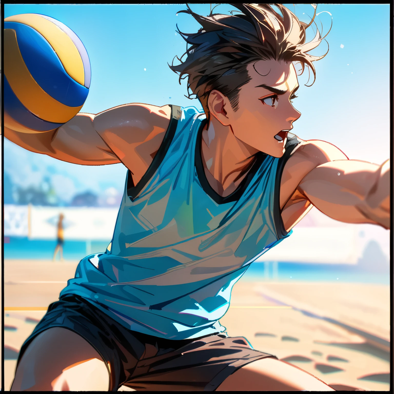 A man playing beach volleyball on a sunny beach, spiking the ball in a tank top and shorts, detailed face and body, intricate volleyball court, clear blue sky background, dynamic action pose, masterpiece, high quality, complex details, stunning colors, warm lighting, golden hour, (highest quality, 4K, 8K, high resolution, masterpiece:1.2), ultra high resolution, high resolution, ultra high resolution, studio lighting, ultra premium painting, sharp focus, physics-based rendering, detailed depiction, professional, vibrant colors, bokeh, side view,