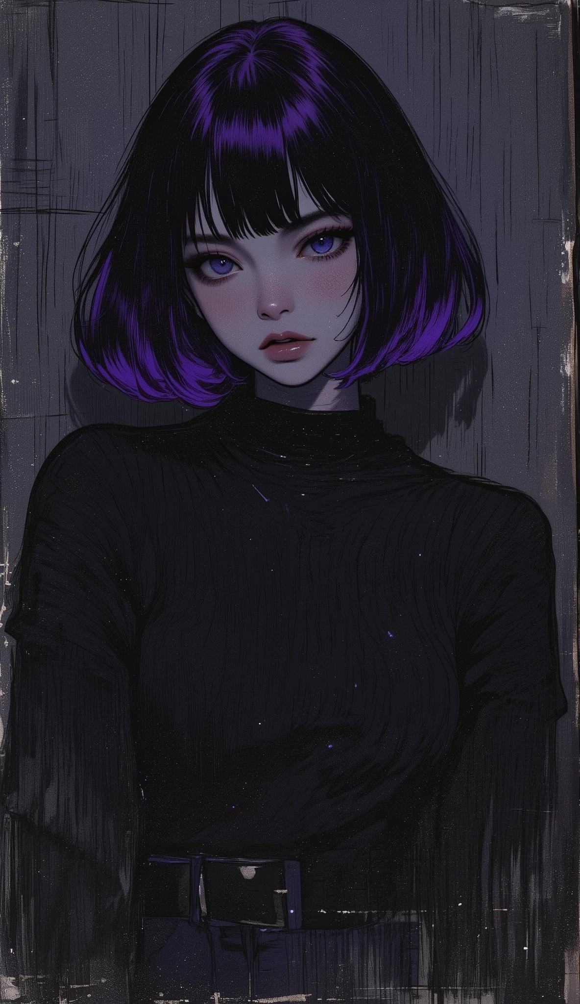 (best quality, sketch:1.2), dark monochrome background, anime,illustrator,anime,1 girl, detailed lips,sweater,custom, ( background dark),neon hair,textured cropping,Canadian, masterpiece, style retro classic, noir dark, art, sketch book, (bob hair purple:1.35, black:1.55), bad women