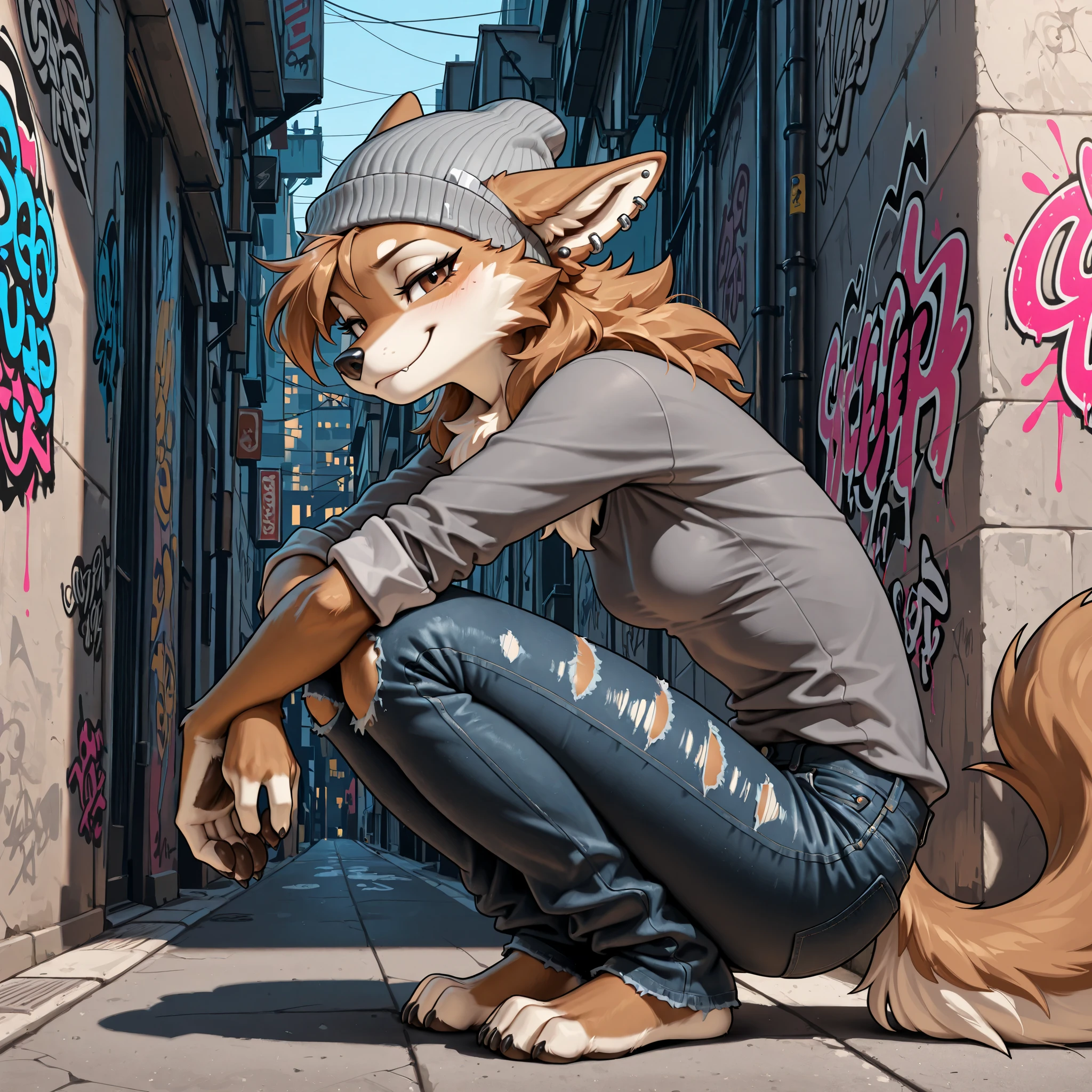 Masterpiece, best quality, absurd res, anthro, an anthro furry female wolf, brown fur, countershading, brown eyes, black nose, ear piercings, neck tufts, small breasts, wearing grey beanie, dark grey long sleeve shirt, loose baggy grey shirt, sleeves rolled up, black ripped jeans, smug expression, feet paws, four toes, squatting, resting arms on knees, in a city street alley, graffiti in the background, side view