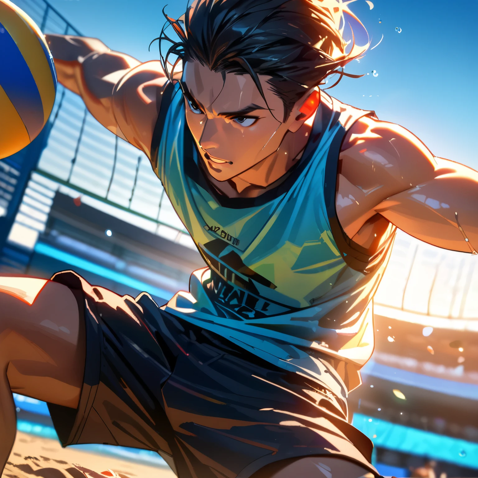 A man playing beach volleyball on a sunny beach, spiking the ball in a tank top and shorts, detailed face and body, intricate volleyball court, clear blue sky background, dynamic action pose, masterpiece, high quality, complex details, stunning colors, warm lighting, golden hour, (highest quality, 4K, 8K, high resolution, masterpiece:1.2), ultra high resolution, high resolution, ultra high resolution, studio lighting, ultra premium painting, sharp focus, physics-based rendering, detailed depiction, professional, vibrant colors, bokeh, side view,