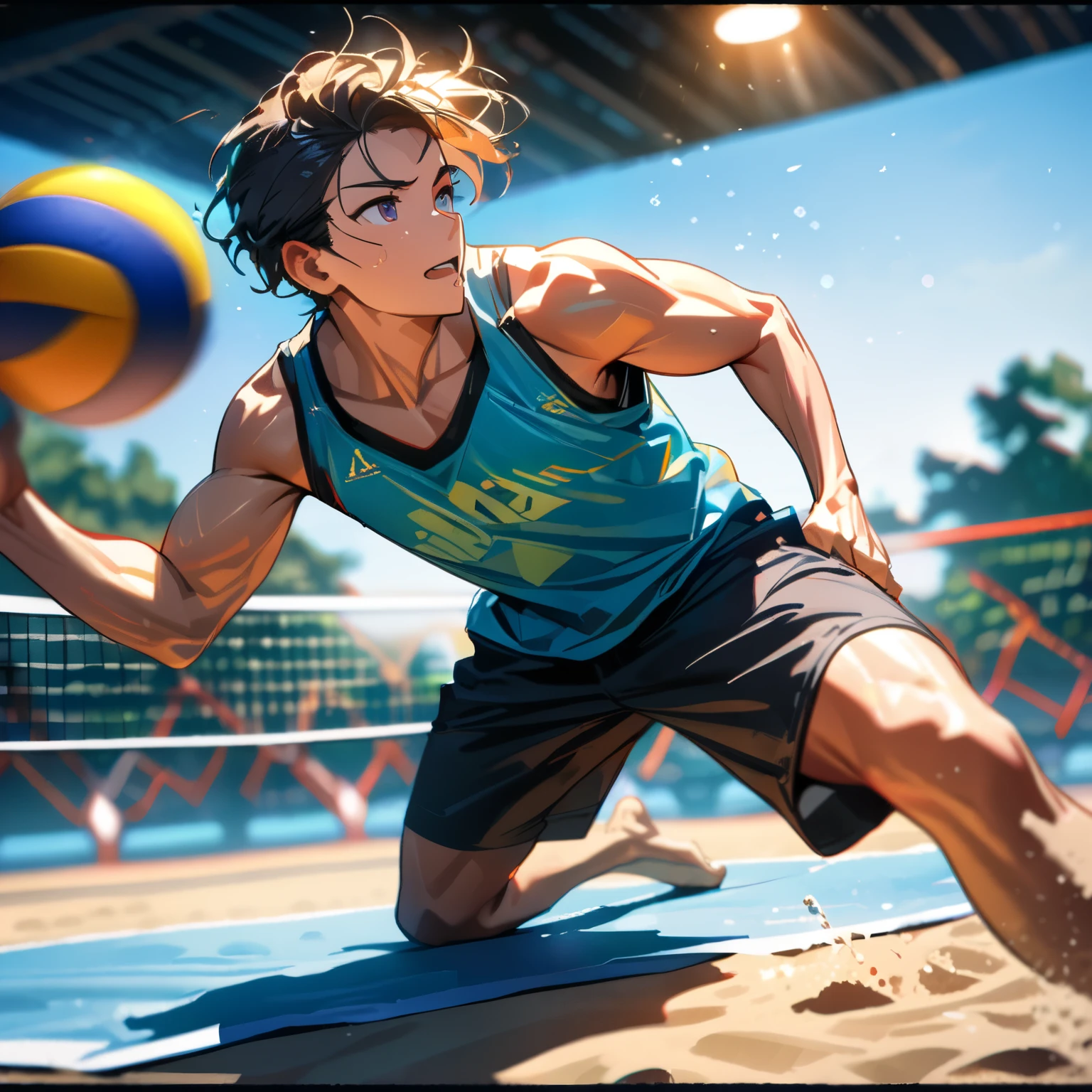 A man playing beach volleyball on a sunny beach, spiking the ball in a tank top and shorts, detailed face and body, intricate volleyball court, clear blue sky background, dynamic action pose, masterpiece, high quality, complex details, stunning colors, warm lighting, golden hour, (highest quality, 4K, 8K, high resolution, masterpiece:1.2), ultra high resolution, high resolution, ultra high resolution, studio lighting, ultra premium painting, sharp focus, physics-based rendering, detailed depiction, professional, vibrant colors, bokeh, side view,