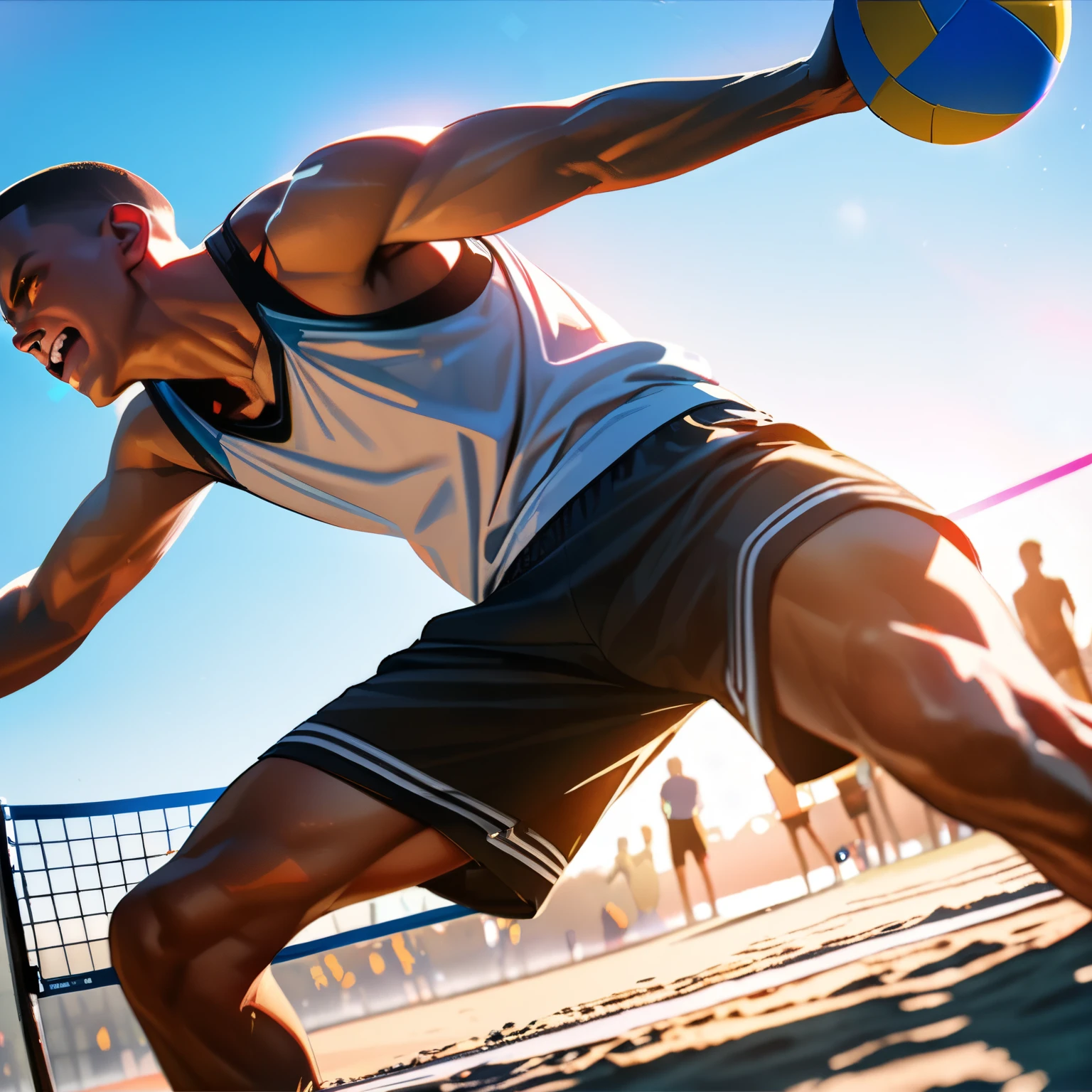 A man playing beach volleyball on a sunny beach, spiking the ball in a tank top and shorts, detailed face and body, intricate volleyball court, clear blue sky background, dynamic action pose, masterpiece, high quality, complex details, stunning colors, warm lighting, golden hour, (highest quality, 4K, 8K, high resolution, masterpiece:1.2), ultra high resolution, high resolution, ultra high resolution, studio lighting, ultra premium painting, sharp focus, physics-based rendering, detailed depiction, professional, vibrant colors, bokeh, side view,