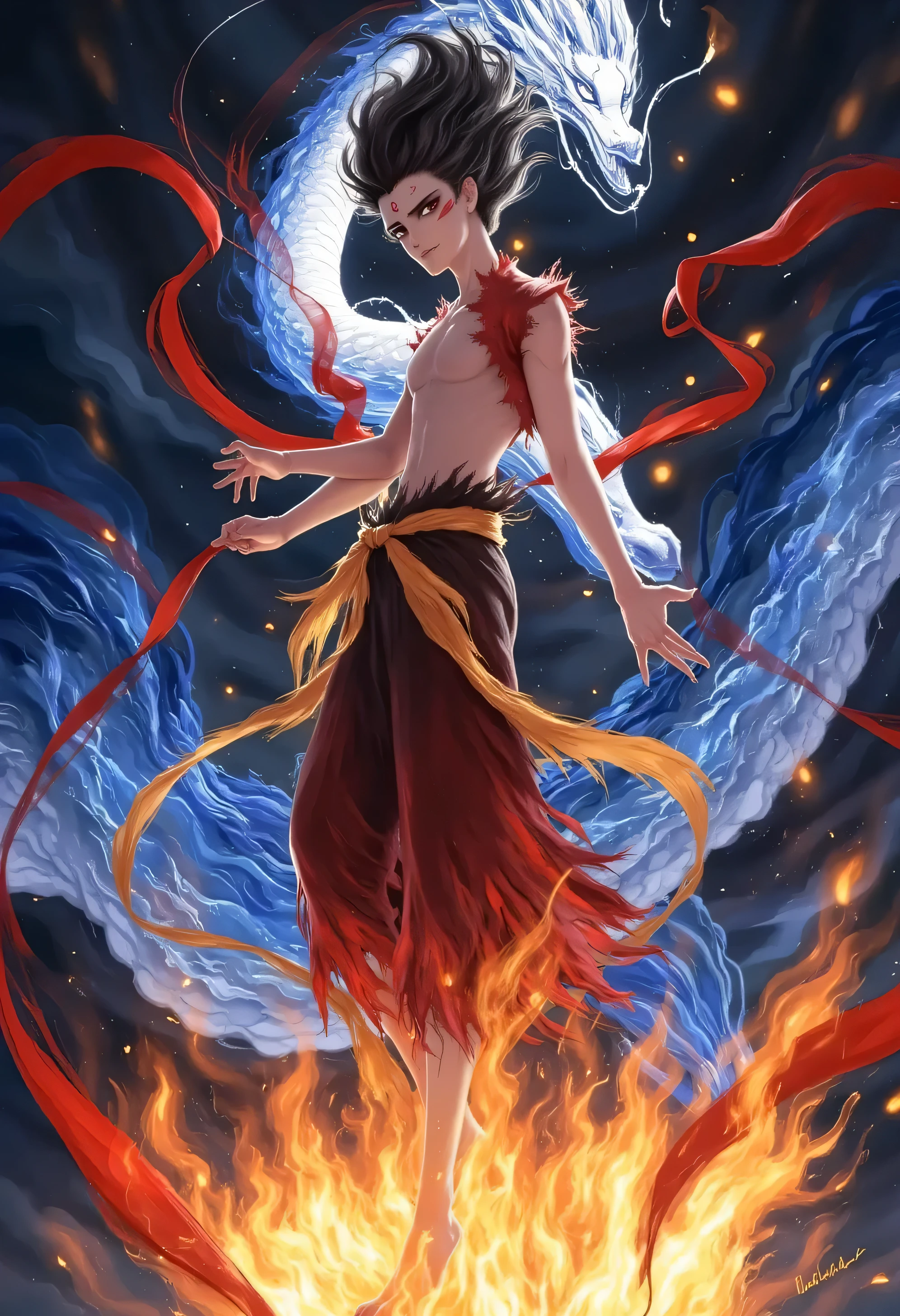 nezha, this is a vibrant digital artwork, depicts an ethereal, Blue sweater . the central figure is a young woman with long hair, flow black hair that appears to be caught in the wind. She has an athletic build and wears a red and , flow, the traditional Asian-style dress is adorned with intricate patterns. the dress has a mix of red, , and golden tones, Behind her fluttering with a red ribbon, Add a sense of sportiness . Her barefoot , and her expression is intense , Eyes closed, as if in a trance or deep concentration.
Behind her, a majestic white dragon,With sharp, angular facial features and blue scales wrapped around her body, adding a sense of protection and power. the dragon's eyes are sharp, it opens its mouth , Showing fangs. the dragon's body blends into the background, it is a dark, a swirling mix of blue and black, giving the feeling of water or night sky.
Add positive messages to feature 。 The overall composition is dynamic , the woman and dragon appear to be in the middle of action, Surrounding, otherworldly elements enhance the mysterious and otherworldly atmosphere of this scene. the artwork is colorful, rich in details, created vividly using digital media, dreamlike image.