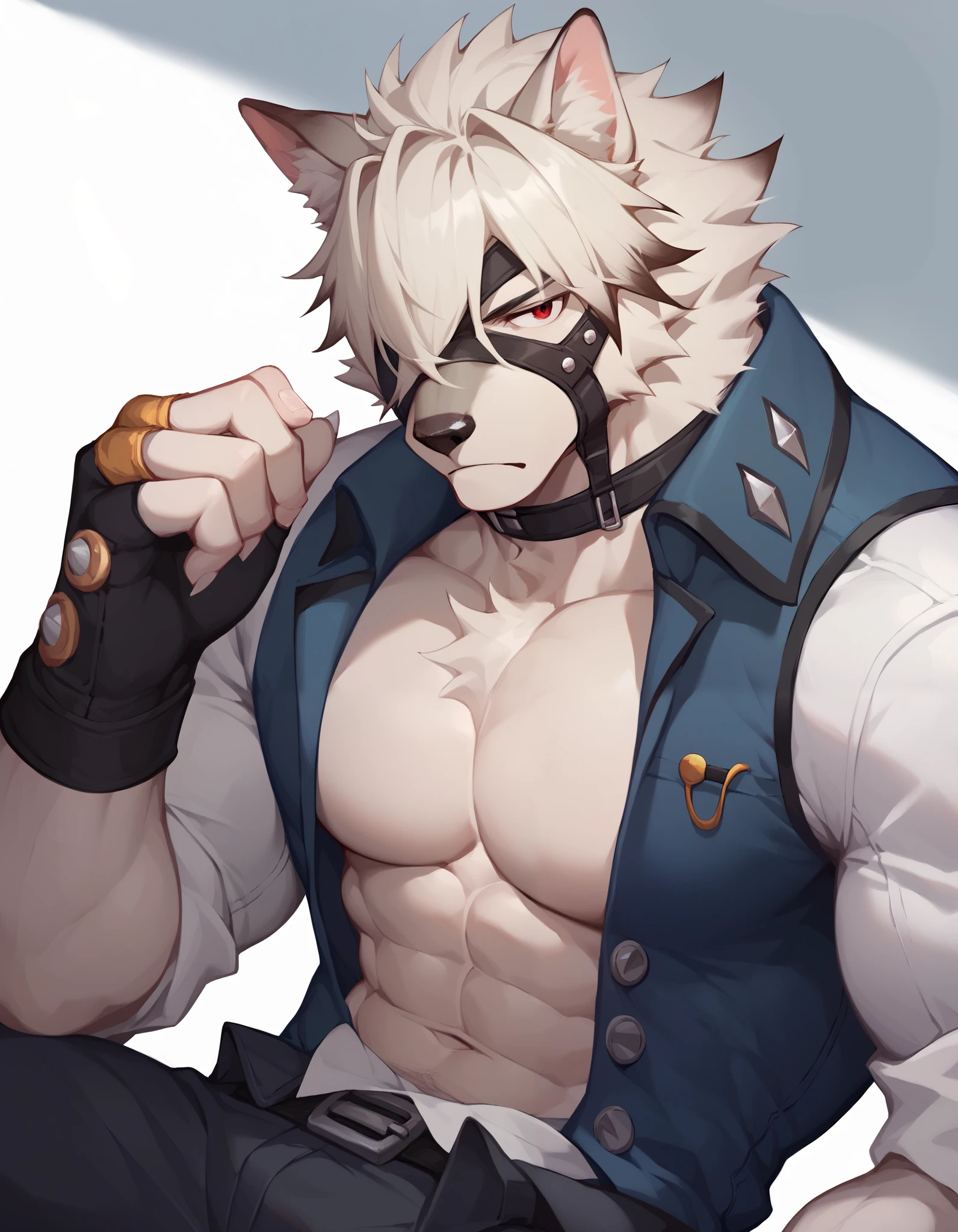 Score_9, Score_8_up, Score_7_up, alone, is from Wolfdog, Werewolf, muscular, red eyes, Button, Eye mask, One eye covered, pants, Wristband, The best band , bust portrait , Fingernails , fingerless gloves ,Thin,Lie down,Supine, muscular身体, to bare your upper body, Tail, Chest Focus,Chest muscles, male focus ,Exposed chest and abdomen,Japanese cartoons