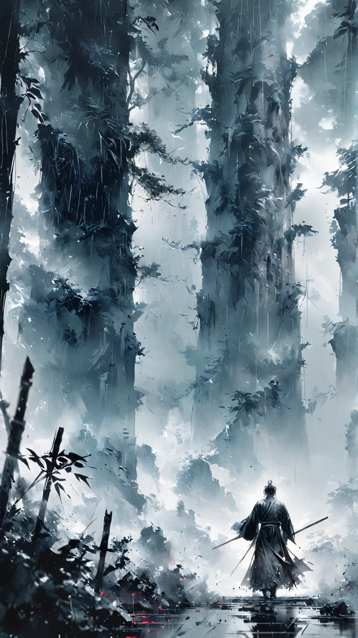 (Masterpiece)),(Best Quality)),Distant Scenery,Swords Sticking in the Ground, Bamboo Forest,Rain,A Young Taoist Priest,Infinite Sword System, Facing the Enemy,Luminous Effect,Surrealistic,Hyperrealistic,Chinese Black and White Ink Style,Black and White,Color Wash,Smudge,Ink,8K,Super Smooth,High Quality,OC Renderer