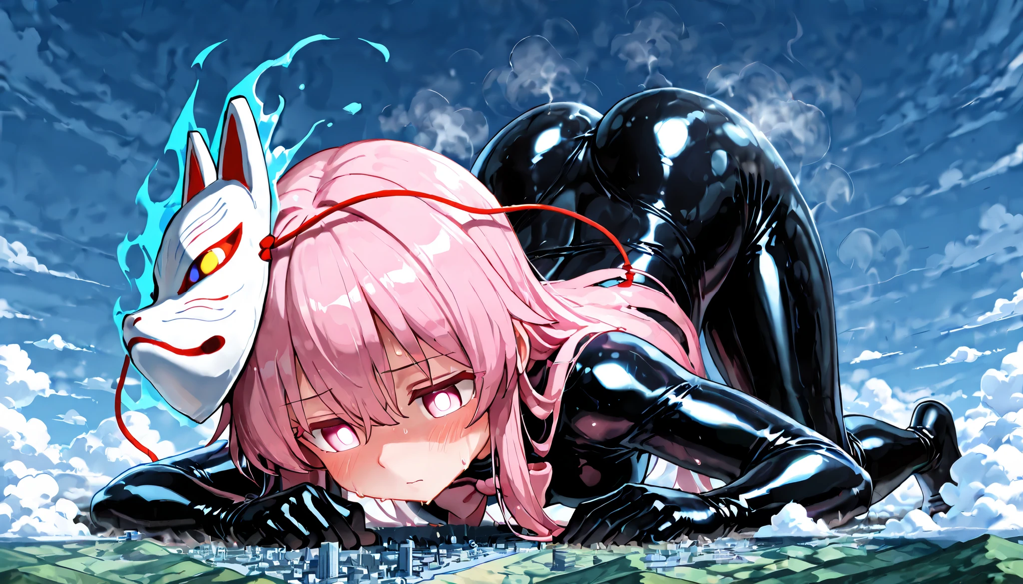 (masterpiece, Highest quality, Ultra-high resolution), 1girl, Hata no Kokoro, fox mask, Pink hair, long hair, pink eyes, mask on head, (dark blue latex bodysuit), The clothes fit perfectly, pink bowtie, latex has a strong metallic sheen, Glossiness, shiny, whole body slimy, Sweat, Stuffy, steamy, Glossiness, shiny, cute face, anime face, On all fours, ass, (giantess), very giant girl, Aerial Perspective, Clouds are hanging around her, NSFW, R-18, tiny city,