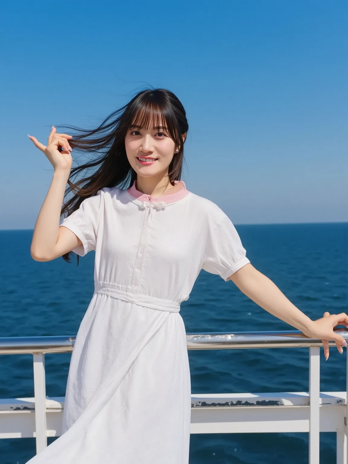 araffe woman in a blue dress holding a white umbrella, captured on canon eos r 6, tzuyu from twice, waving, pose(arms up + happy), waving and smiling, shot on nikon z9, jaeyeon nam, blue sky, on a sunny day, shot on canon eos r5, shot on canon eos r 5, chiho