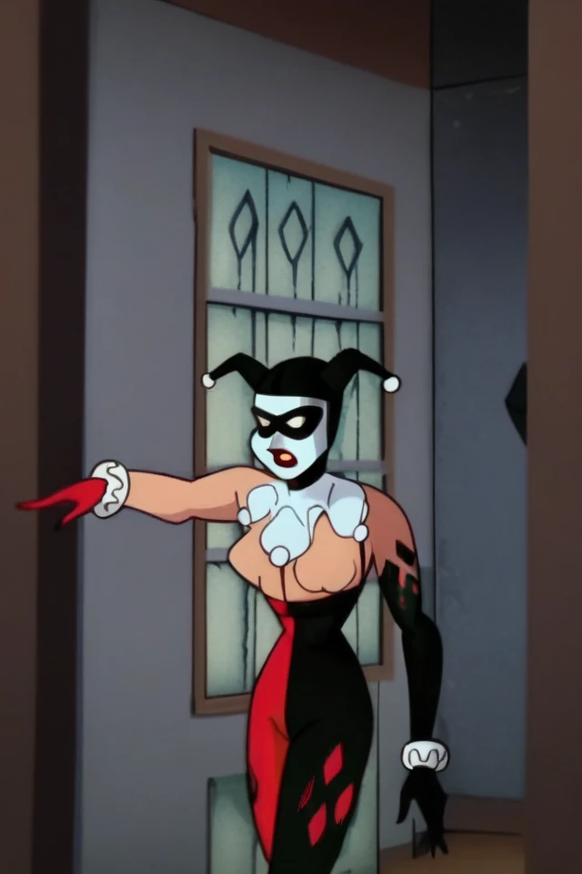 score_9, score_8_arriba, score_7_arriba,
1girls, harley quinn , blue eyes , blond hair, long hair, Huge Breasts, neckline , Nightwing Clothing, red lipstick, Luxury Room, The Nightwing Home