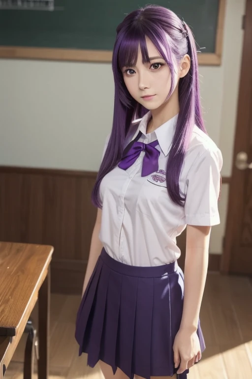 masterpiece, One girl, Medium chest, alone, araragi karen, hair ornaments, egg hair ornaments, Side Ponytail, Black Hair, food-themed hair ornaments, fried egg, View your viewers, egg (food), Long Hair, (Iris:1.1), Purple Skirt, No sleeve, Pink Shirt, homework, Book, Holding a pencil, Grin