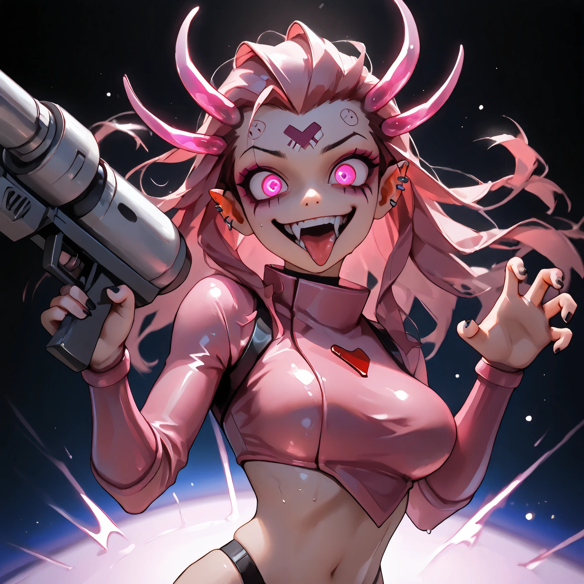 (ultra detailed), (masterpiece), (best quality), (depth of field), (sharp focus), (cinematic lighting), (vibrant pink), 1, crazy smile, fangs, tongue out, deep eyes, alien style, pink alien makeup, neon pink tattoos, pink metallic piercings, psychotic, psycho, A dark lighted alien anime woman, sexy alien clothings, pink clothing, revealing clothings, transparent clothing, alien antennas, antennas on forehead, light pink skin, alien girl, (pink space clothing), sexy body, big breasts, sweaty body, alien queen, alien princess, sexy alien girl, with bright pink eyes, deep set eyes, neon pink hair and lots of pink energy, psycho smile, ((pink thunderbolts are in the background)), sharp teeth, sexy pose, (holding retro pink space gun), finger on mouth, (((pink gradient space background: 1.4))), (pink stars in the background), (side sexy pose),energy, energetic, Phonk, Brazilian Phonk, Simple Design, Simplified --s 100 --niji 5 --ar 1:1 ,phnk, 1girl, dark background, silhouette, glowing eyes, aura, phnk, 1girl, black background, silhouette, floating hair, glowing eyes, looking at viewer,{{crazy smile, sadistic smile, closed teeth}}, {{glowing eyes, glowing particles, glow}}, ,hauntedglow, glowing eyes,traditional media, realistic,