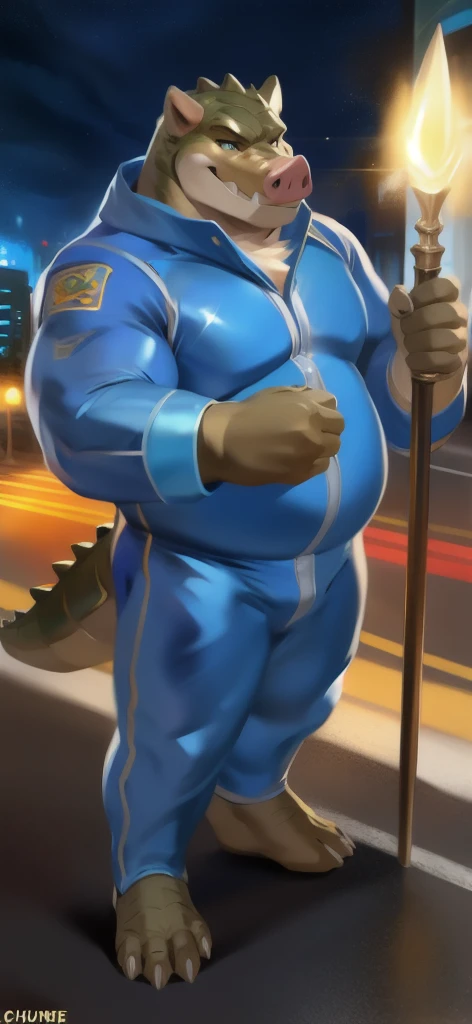 Solo, male, alligator, long snout, sharp teeth, fangs, thick face, wide face, broad shoulders, muscular, buff, strong, tall, giant, massive, enormous, gigantic, big biceps, big pecs, green body, green skin, yellow eyes, detailed crotch, massive bulge, by darkgem, by mystikfox61, by chunie, by Vader-san, looking at viewer, shadowy, dramatic, city, alleyway, blue spacesuit, uniform