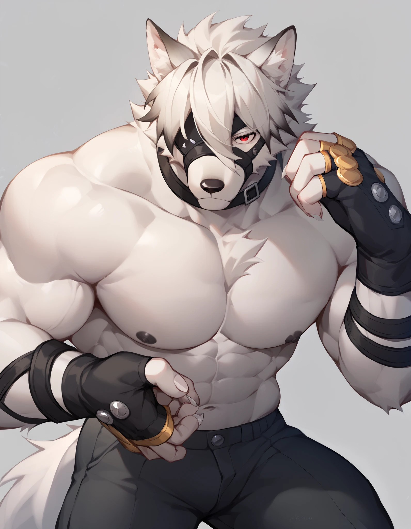 Score_9, Score_8_up, Score_7_up, alone, is from Wolfdog, Werewolf,white fur, muscular, red eyes, Button, Eye mask, One eye covered, pants, Wristband, The best band , bust portrait , Fingernails , fingerless gloves ,Thin,Lie down,Supine, muscular身体, to bare your upper body,Black nipples,Hanging hands,摸自己Chest muscles, Tail, Chest Focus,Chest muscles, male focus ,Exposed chest and abdomen,Japanese cartoons