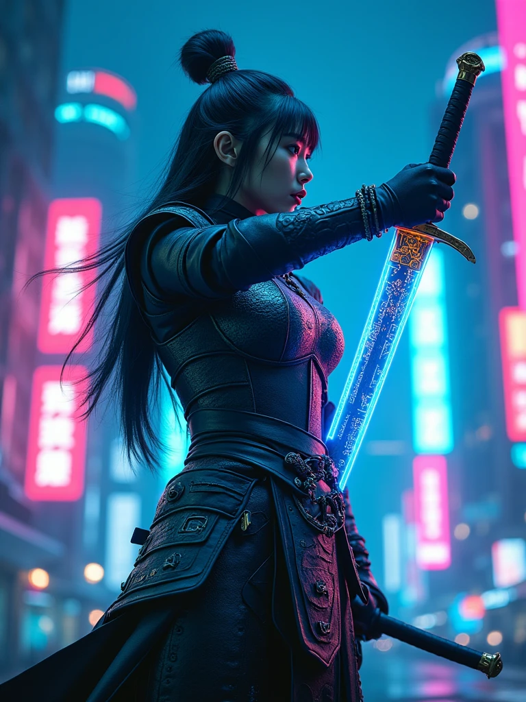 cyberpunk human with long messy hair, dirty body, holding a katana sword with both hands taking a standby stance, full body, destroyed city background, professional cinematic photography