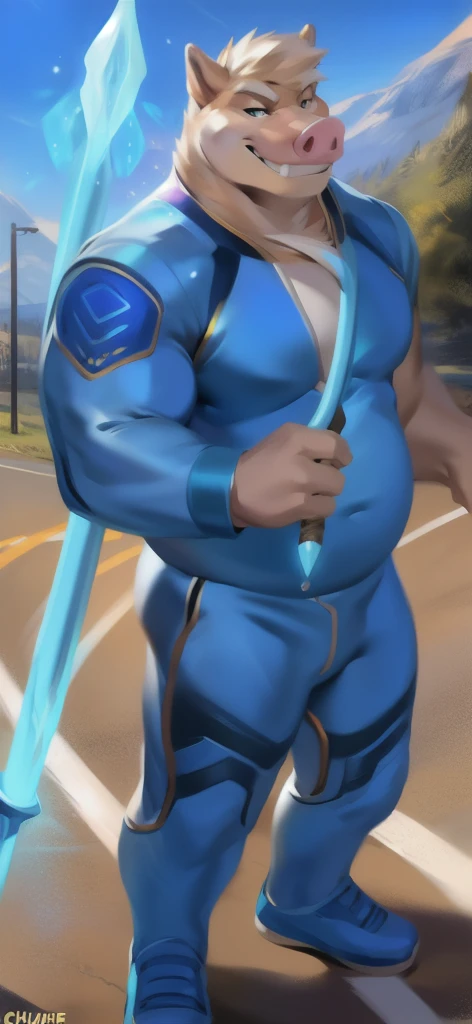 alone , Male tall , stand, road,Pig Crocodile , Blue Military Spacesuit,Holding a magical staff of Water element, Overweight , strapped muscles , Smirk, by chunie
