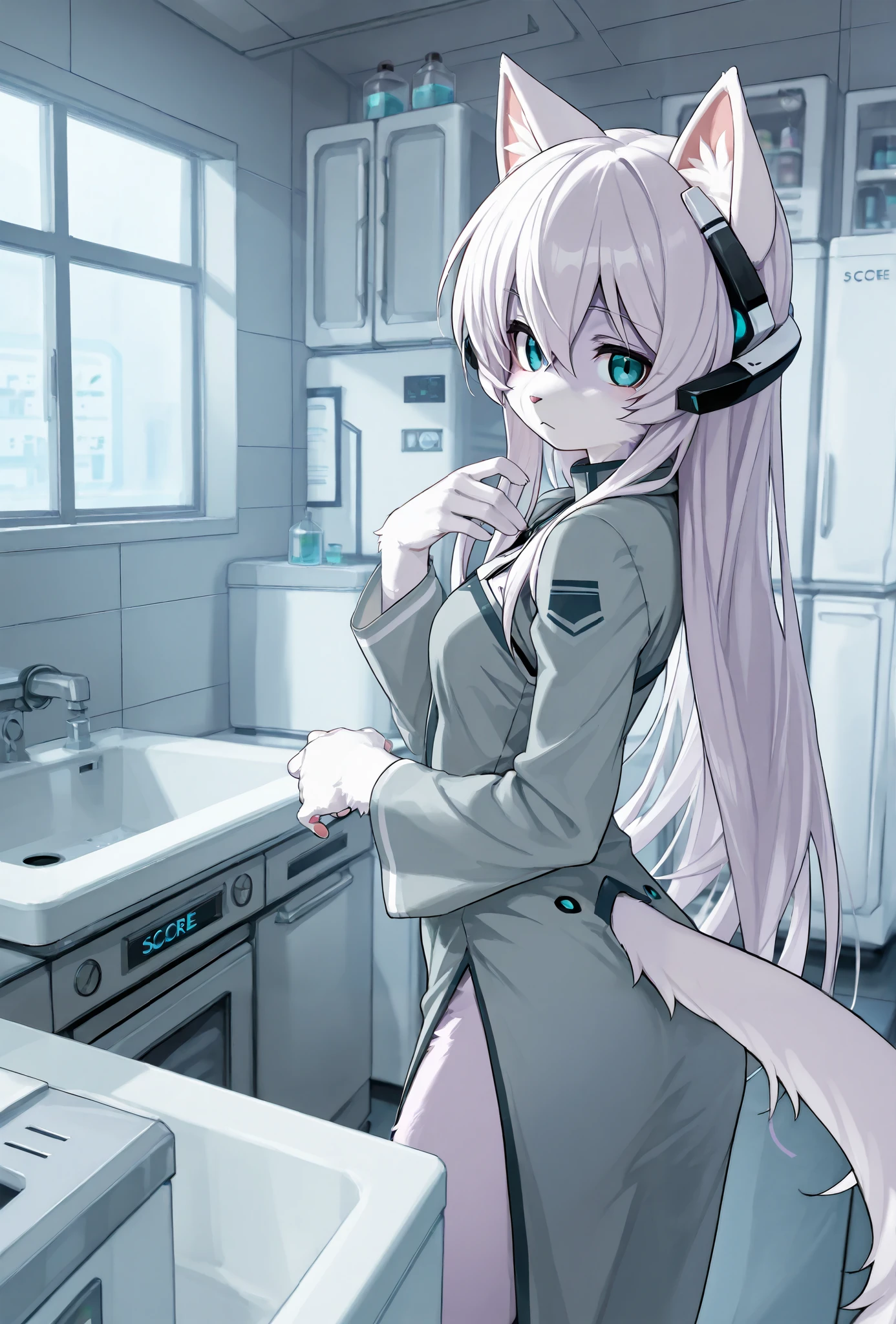 score_9, score_8_up, score_7_up, score_6_up, score_5_up, score_4_up, indoors, laboratory, science fiction, fridge, window, sink BREAK
ara, cat girl, furry, 1girl, solo, looking at viewer, grey dress, side slit, headgear