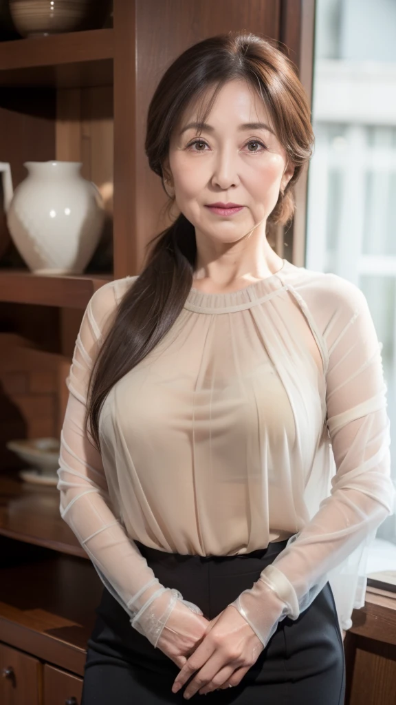 ((Highest quality)), ((8k)), ((masterpiece:1.3)), (Perfect look), (Photorealism:1.6), (JMA), (KE), (1人の歩くJapanese Mature), (Woman window shopping), Blurred Background, Japanese Mature, 62 years old, ((Realistic skin texture)), (Fine wrinkles appear all over the skin:1.3), (Dullness:1.1), (Unmoisturized skin:1.2), (Facial wrinkles:0.9), (Wrinkles around the eyes:1.2), double eyelid, Lower eyelid tear trough, Those eyes are watching me, Serious expression, (Dimples on cheeks:1.2), (Short bangs:1.2), long hair with curled ends, (Hair above the ears), Laugh with the corners of your mouth turned up, Soft fabric blouse, (Wide neck blouse: 1.4), Wide sleeves, Cuffs that fit snugly around the wrist, Long skirt, Hair blowing in the wind, Small breasts, (Wine Red Lips), (Red High Heels：1.2), (Standing posture, Full body portrait：1.4), (Angle from the feet：1.4),