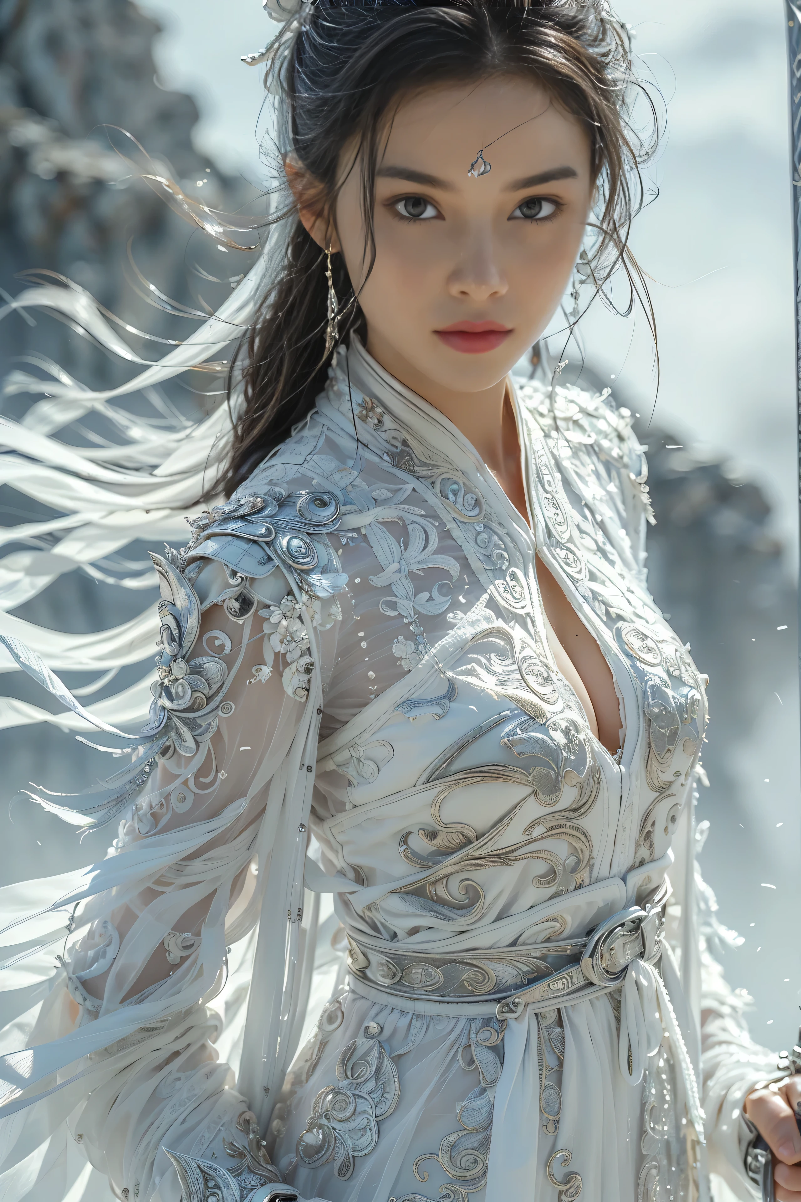 (masterpiece, RAW, 32K, UHD, hyper realistic, best quality), swordswoman,1girl (Beautiful face, supermodel) ,seductive smile, black hair ,blue sky, blurry, brown eyes ,closed mouth ,cloud ,day ,eyelashes ,grey eyes, holding sword, lips ,long hair, looking at viewer, mountain, snow ,solo ,sword ,water, weapon, wind ,winter, sword ,Hanfu, Masterpiece,Game art,The best picture quality,Highest resolution,8K,(Portrait),Unreal Engine 5 rendering works,(Digital Photography),((Portrait Feature:1.5)), 20 year old girl,Short hair details,With long bangs,(The red eye makeup is very meticulous),(With long gray hair:1.4),(Large, full breasts),Elegant and noble,Brave and charming, (Future armor combined with the characteristics of ancient Chinese armor,Hollow design,Power Armor,The mysterious Eastern runes,A delicate dress pattern,A flash of magic),Warrior of the future,Cyberpunk figures,Background of war, Movie lights,Ray tracing,Game CG,((3D Unreal Engine)),OC rendering reflection pattern