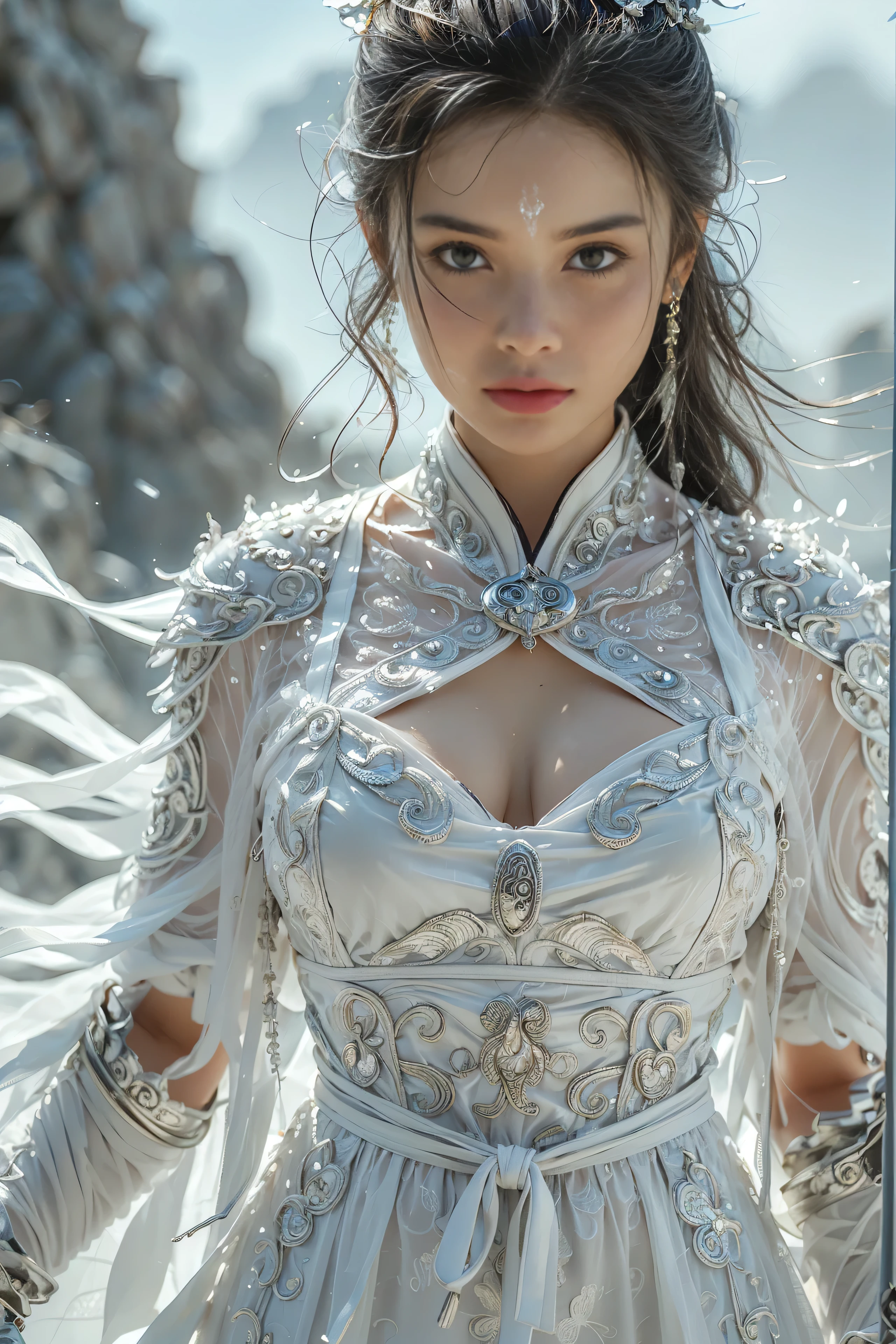 (masterpiece, RAW, 32K, UHD, hyper realistic, best quality), swordswoman,1girl (Beautiful face, supermodel) ,seductive smile, black hair ,blue sky, blurry, brown eyes ,closed mouth ,cloud ,day ,eyelashes ,grey eyes, holding sword, lips ,long hair, looking at viewer, mountain, snow ,solo ,sword ,water, weapon, wind ,winter, sword ,Hanfu, Masterpiece,Game art,The best picture quality,Highest resolution,8K,(Portrait),Unreal Engine 5 rendering works,(Digital Photography),((Portrait Feature:1.5)), 20 year old girl,Short hair details,With long bangs,(The red eye makeup is very meticulous),(With long gray hair:1.4),(Large, full breasts),Elegant and noble,Brave and charming, (Future armor combined with the characteristics of ancient Chinese armor,Hollow design,Power Armor,The mysterious Eastern runes,A delicate dress pattern,A flash of magic),Warrior of the future,Cyberpunk figures,Background of war, Movie lights,Ray tracing,Game CG,((3D Unreal Engine)),OC rendering reflection pattern
