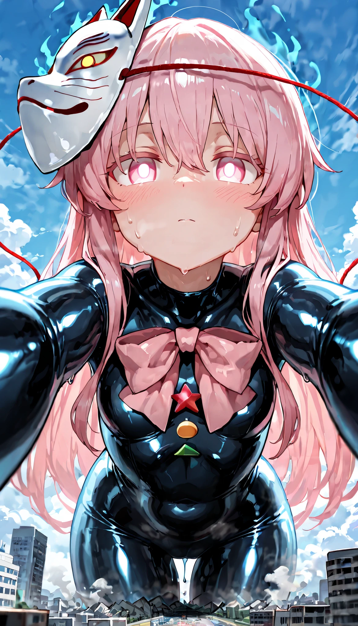 (masterpiece, Highest quality, Ultra-high resolution), 1girl, Hata no Kokoro, fox mask, Pink hair, long hair, pink eyes, mask on head, (dark blue latex bodysuit), The clothes fit perfectly, pink bowtie, latex has a strong metallic sheen, Glossiness, shiny, whole body slimy, Sweat, Stuffy, steamy, Glossiness, shiny, cute face, anime face, (giantess), very giant girl, Aerial Perspective, Clouds are hanging around her, NSFW, R-18, tiny city,