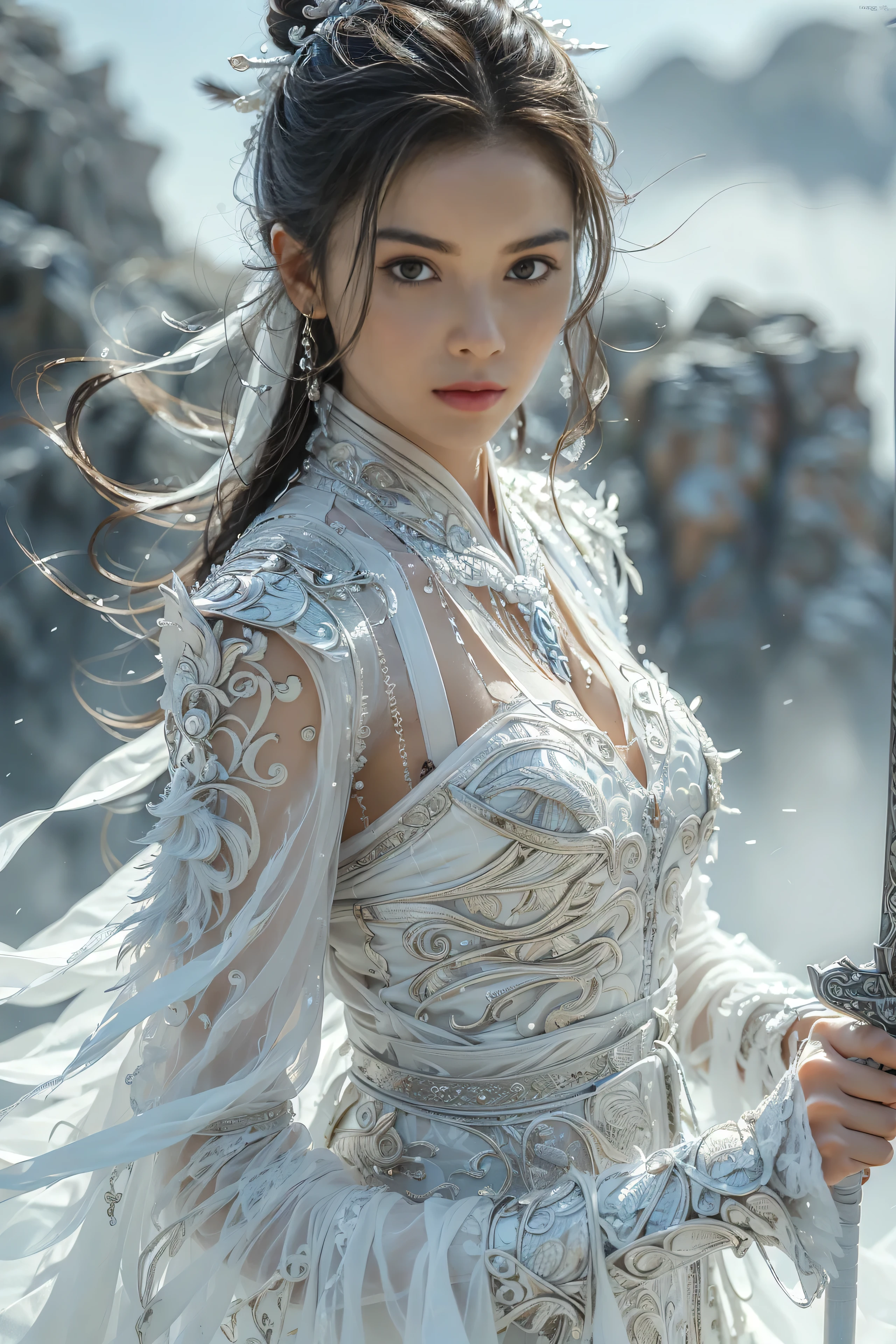 (masterpiece, RAW, 32K, UHD, hyper realistic, best quality), swordswoman,1girl (Beautiful face, supermodel) ,seductive smile, black hair ,blue sky, blurry, brown eyes ,closed mouth ,cloud ,day ,eyelashes ,grey eyes, holding sword, lips ,long hair, looking at viewer, mountain, snow ,solo ,sword ,water, weapon, wind ,winter, sword ,Hanfu, Masterpiece,Game art,The best picture quality,Highest resolution,8K,(Portrait),Unreal Engine 5 rendering works,(Digital Photography),((Portrait Feature:1.5)), 20 year old girl,Short hair details,With long bangs,(The red eye makeup is very meticulous),(With long gray hair:1.4),(Large, full breasts),Elegant and noble,Brave and charming, (Future armor combined with the characteristics of ancient Chinese armor,Hollow design,Power Armor,The mysterious Eastern runes,A delicate dress pattern,A flash of magic),Warrior of the future,Cyberpunk figures,Background of war, Movie lights,Ray tracing,Game CG,((3D Unreal Engine)),OC rendering reflection pattern