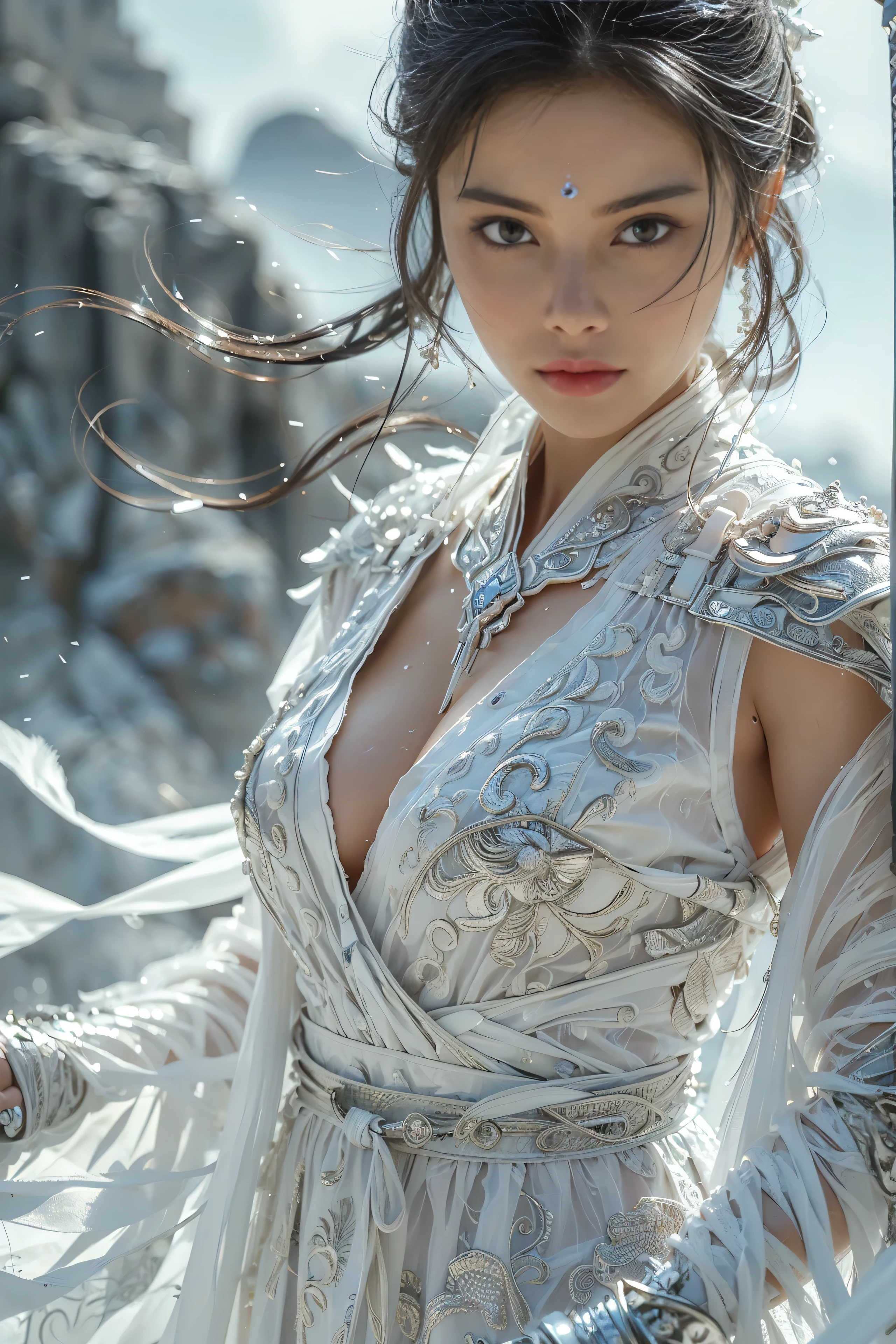 (masterpiece, RAW, 32K, UHD, hyper realistic, best quality), swordswoman,1girl (Beautiful face, supermodel) ,seductive smile, black hair ,blue sky, blurry, brown eyes ,closed mouth ,cloud ,day ,eyelashes ,grey eyes, holding sword, lips ,long hair, looking at viewer, mountain, snow ,solo ,sword ,water, weapon, wind ,winter, sword ,Hanfu, Masterpiece,Game art,The best picture quality,Highest resolution,8K,(Portrait),Unreal Engine 5 rendering works,(Digital Photography),((Portrait Feature:1.5)), 20 year old girl,Short hair details,With long bangs,(The red eye makeup is very meticulous),(With long gray hair:1.4),(Large, full breasts),Elegant and noble,Brave and charming, (Future armor combined with the characteristics of ancient Chinese armor,Hollow design,Power Armor,The mysterious Eastern runes,A delicate dress pattern,A flash of magic),Warrior of the future,Cyberpunk figures,Background of war, Movie lights,Ray tracing,Game CG,((3D Unreal Engine)),OC rendering reflection pattern