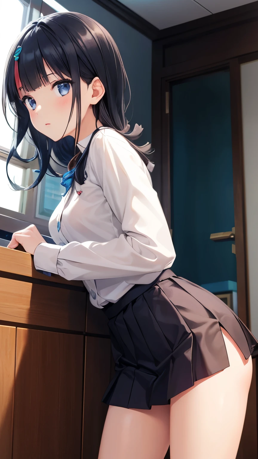 masterpiece, great quality, ultra detail, illustration, game cg, 1girl, solo, (FGOErice), blush, standing, indoors, white button-up shirt, pleated miniskirt, leaning forward, view from below